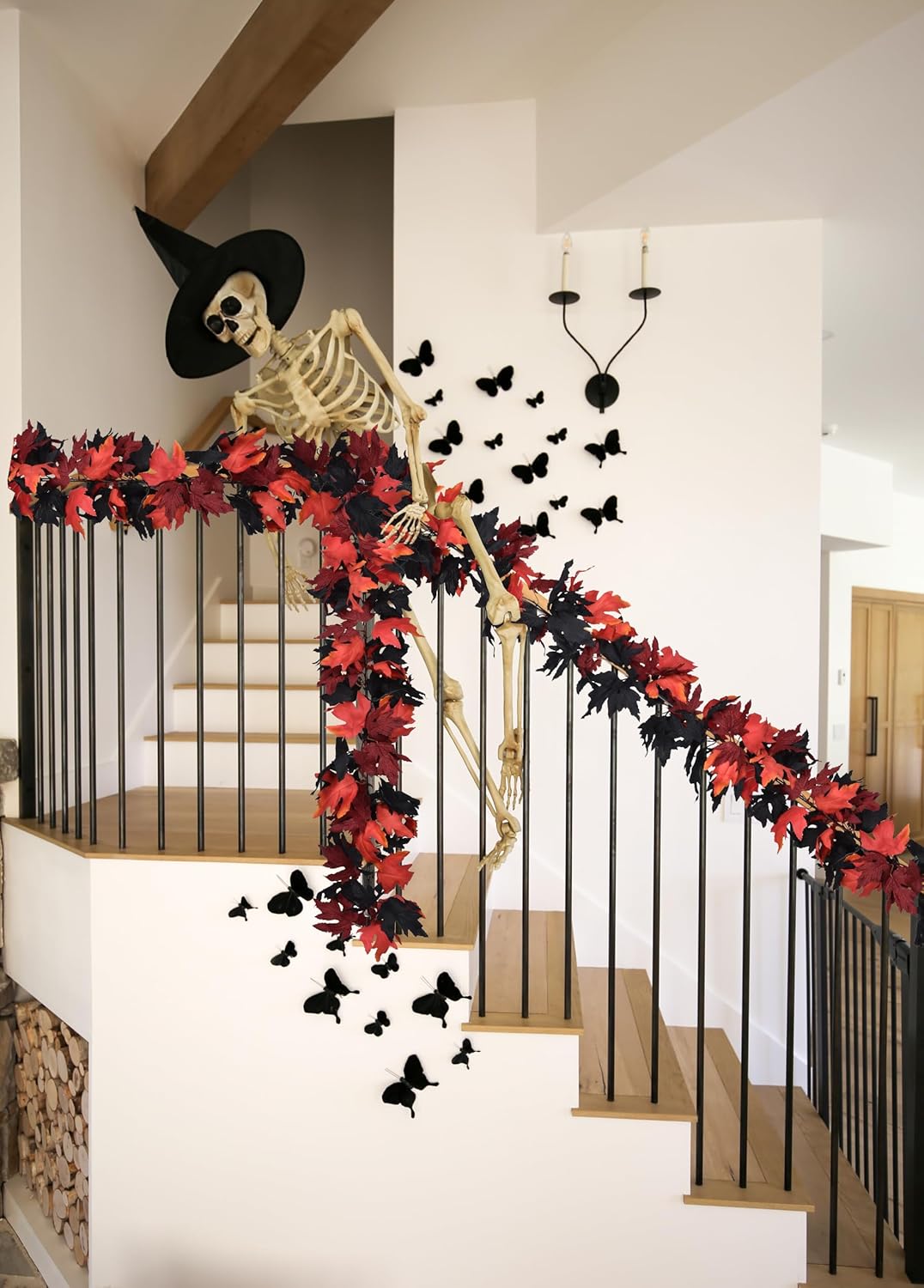 DearHouse 2 Pack Fall Maple Leaf Clearance, 5.9Ft/Piece Halloween Maple Foliage Garland Black and Red Autumn Decor for Home Fireplace Party