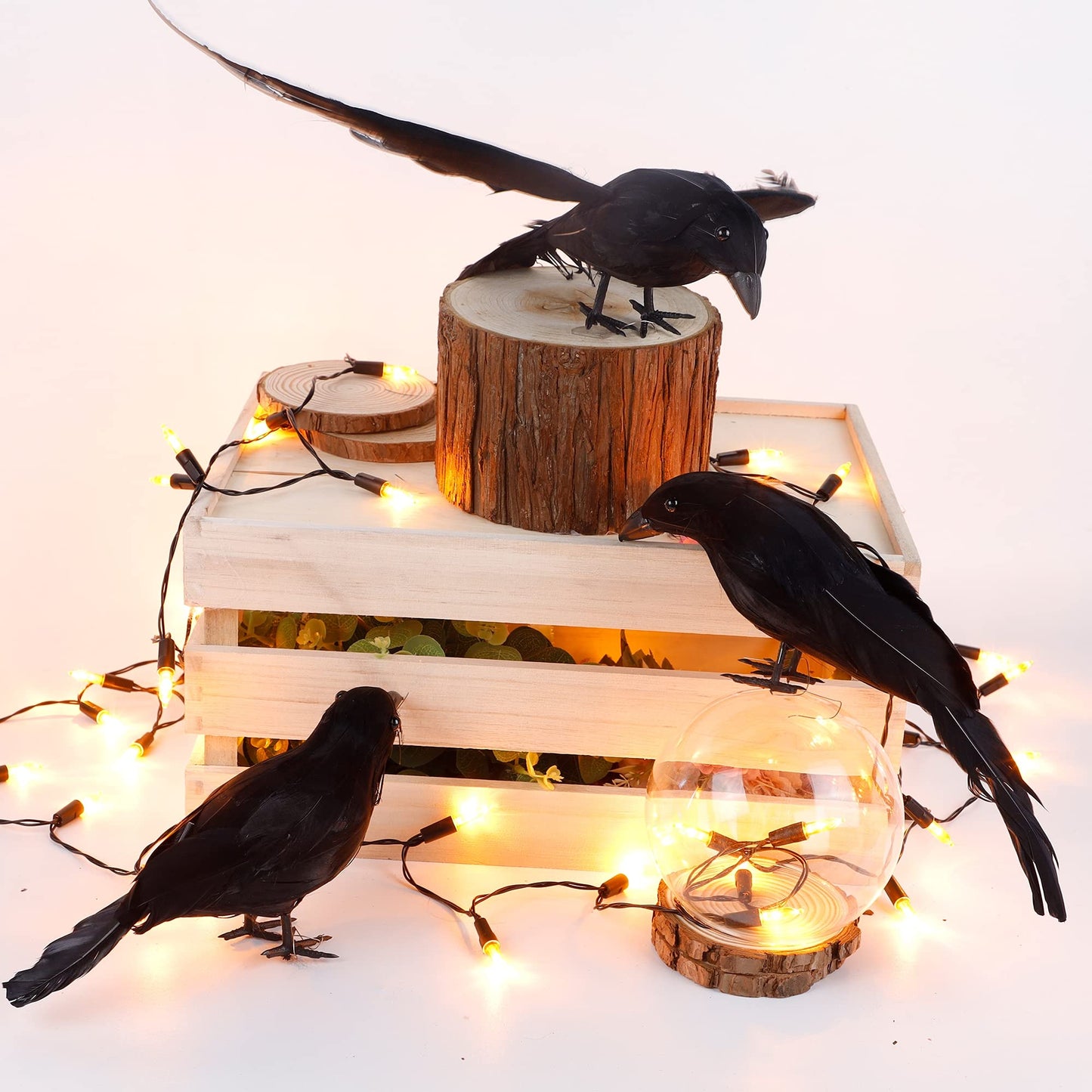 ATDAWN Halloween Birds, Black Feathered Crows, Realistic Looking Halloween Decoration Birds (3 Pack)