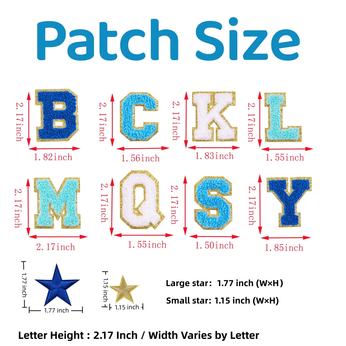 104 Pcs Self Adhesive Chenille Letters & 24 Iron On Stars Kit – Blue Ombre Varsity Letter Patches for Clothes, Backpacks, Hats, DIY Crafts (2.17", Navy/Sky/Light Blue/White)