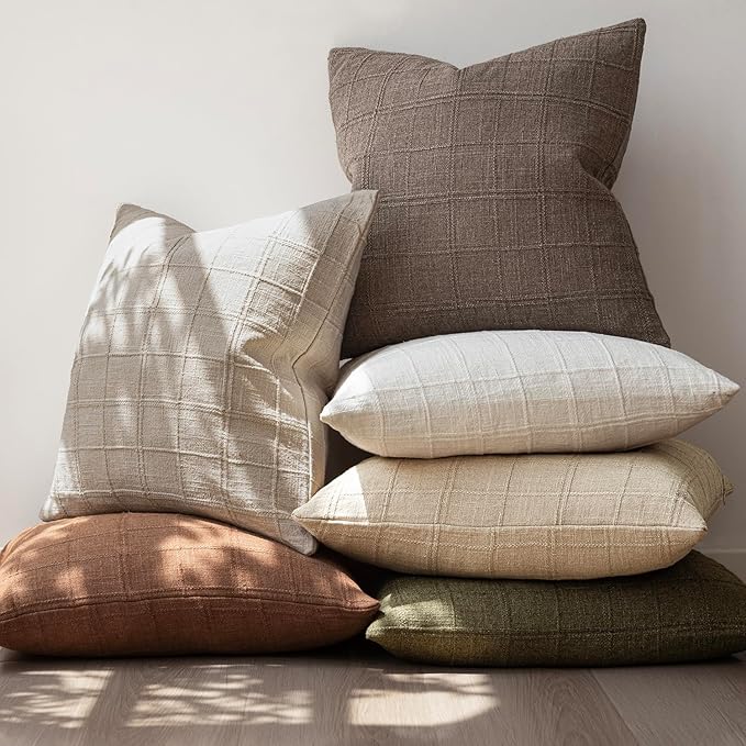 Foindtower Set of 2 Decorative Linen Check Throw Pillow Covers Neutral Farmhouse Vintage Cushion Covers Modern Boho Home Decor for Sofa Chair Couch Bedroom Living Room,16×16 Inch,Taupe Grey
