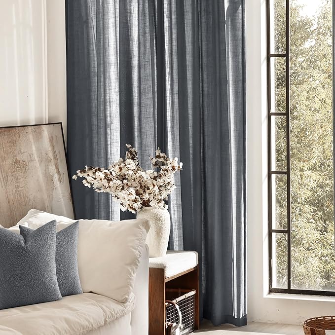 Dark Gray Curtains for Living Room Back Tab Modern Farmhouse Semi Sheer Gray Curtains 90 inches Long 2 Panels Set Muted Neutral Window Curtain for Dining Room Bedroom 52x90