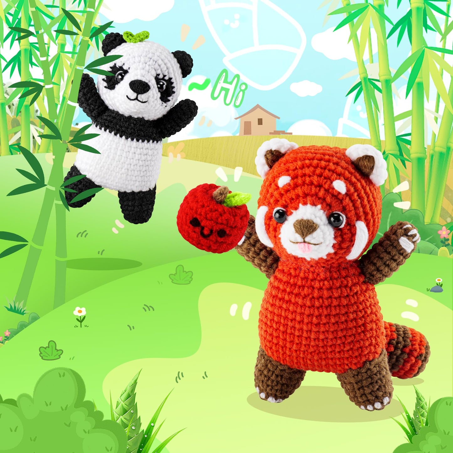 Crochet Kit for Beginners - 2PCS White and Red Panda Crochet Animal Kit with Step-by-Step Video Tutorials, Apple Crocheting Kit, Crochet Starter Kit for Adults, Beginners Knitting Kit for Birthday