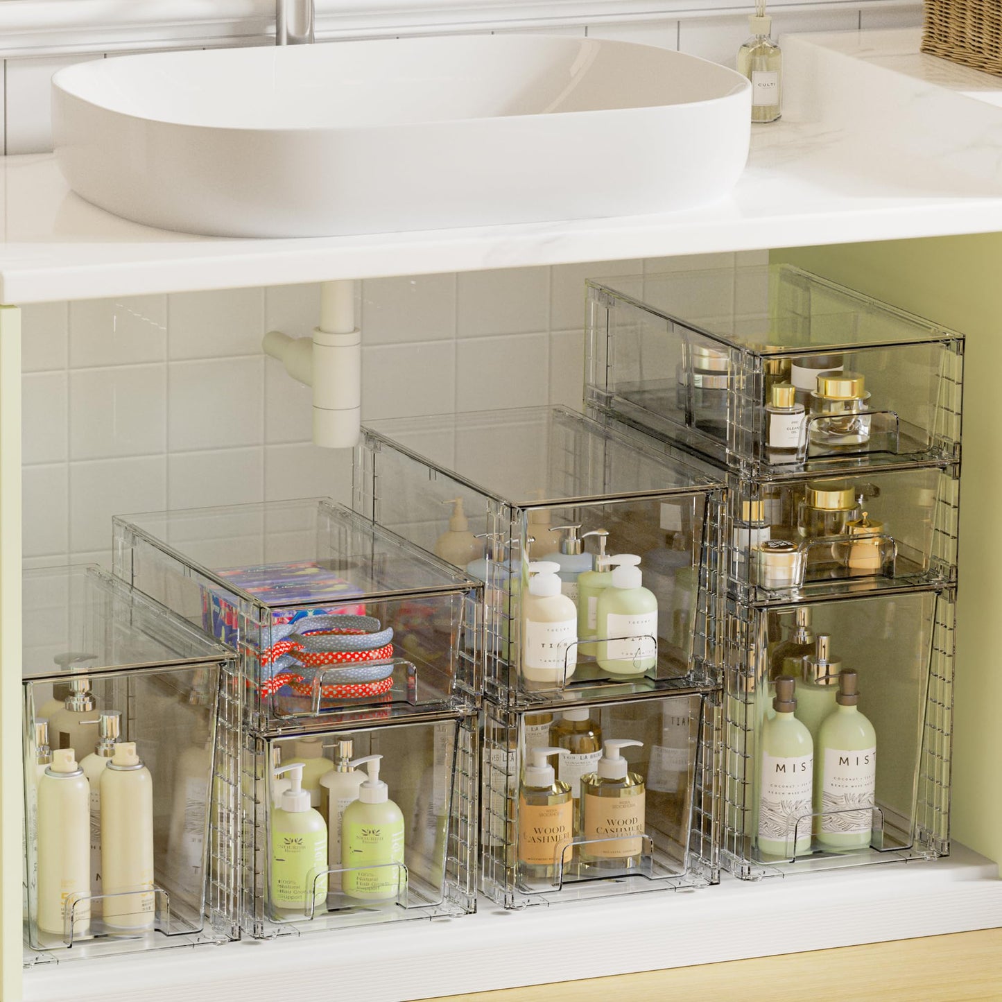 Vtopmart 3 Pack Clear Stackable Storage Drawers,Easy to Assemble Bathroom Organizers and Storage with handles,Plastic Drawers for Kitchen Pantry,Cabinet,Under Sink Organization