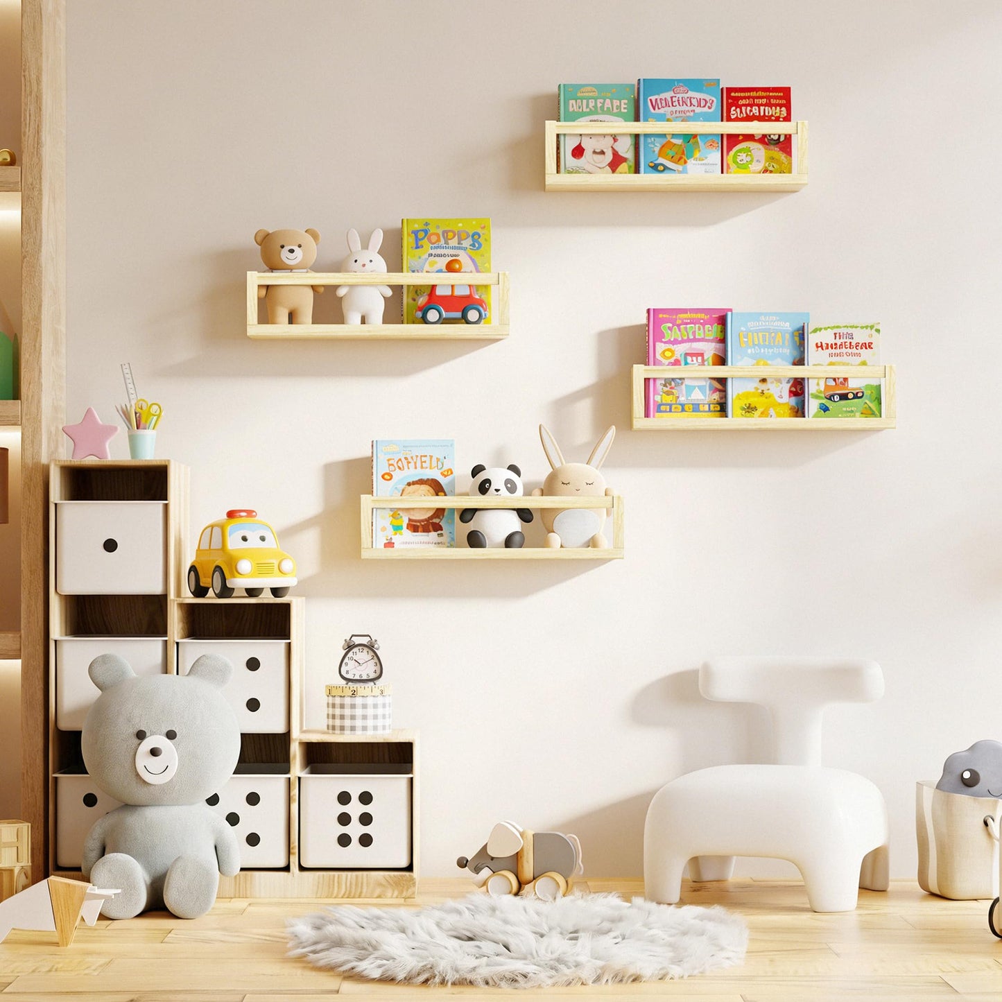 Picrit Set of 4 Natural Solid Wood Nursery Floating Shelves - Decorative Wall-Mounted Kids Bookshelf for Toy Storage & Book Display in Playroom or Kids Room, Durable Organizer