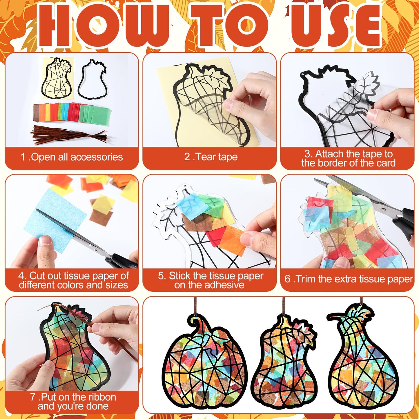 Eersida 32 Pcs Thanksgiving Pumpkin Suncatchers Paper Craft Set Fall DIY Pumpkin Shaped Stained Glass Tissue Paper Kit Bulk for Autumn Thanksgiving Classroom Activities Party Window Art Decor