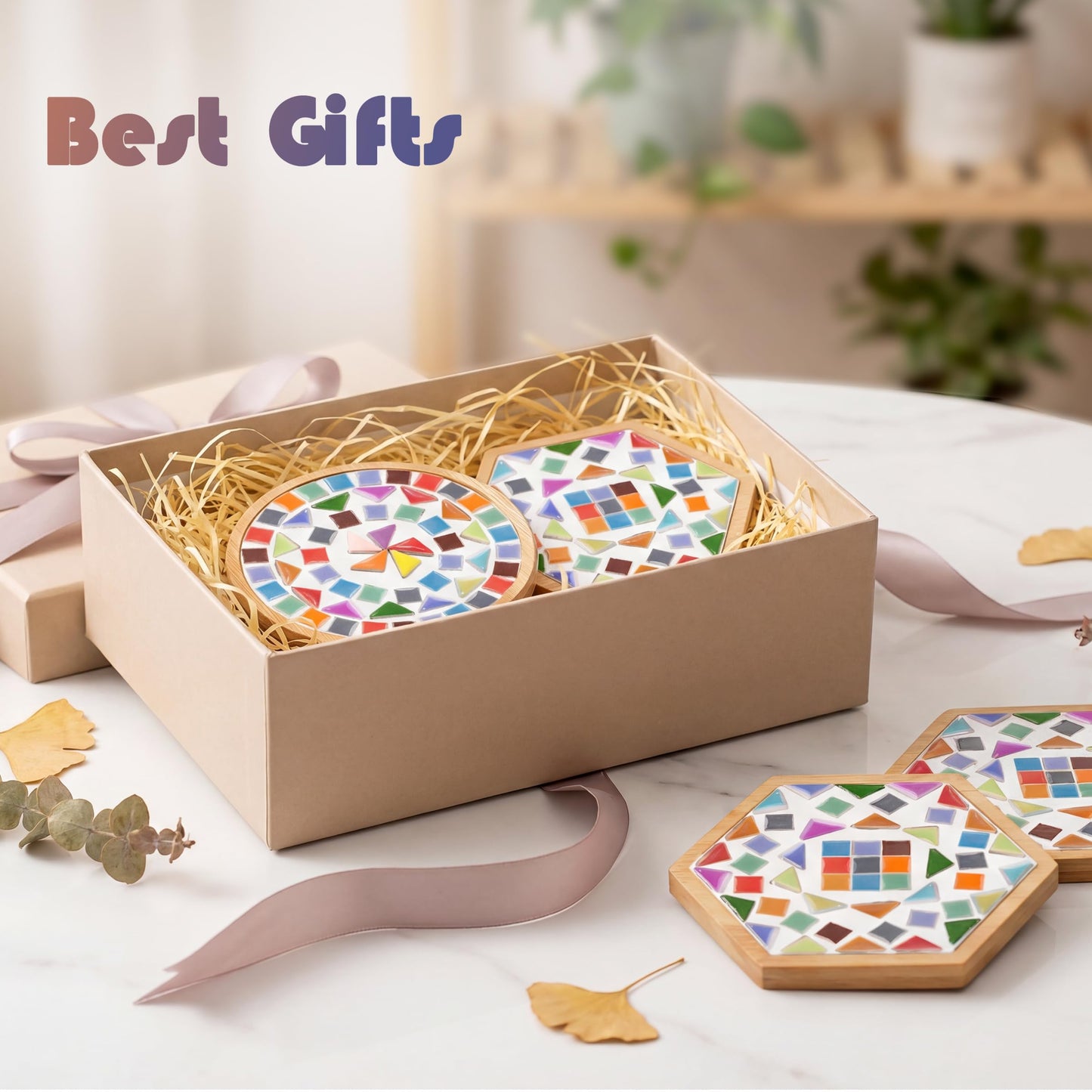 Nuyoach DIY Mosaic Coaster Kits for Adults Craft,2 Sets Ceramic Arts and Crafts Tile Kit with Wooden Coasters,Glass Mosaic Adult Craft Kits for Women Seniors Handmade Gifts Home Decor
