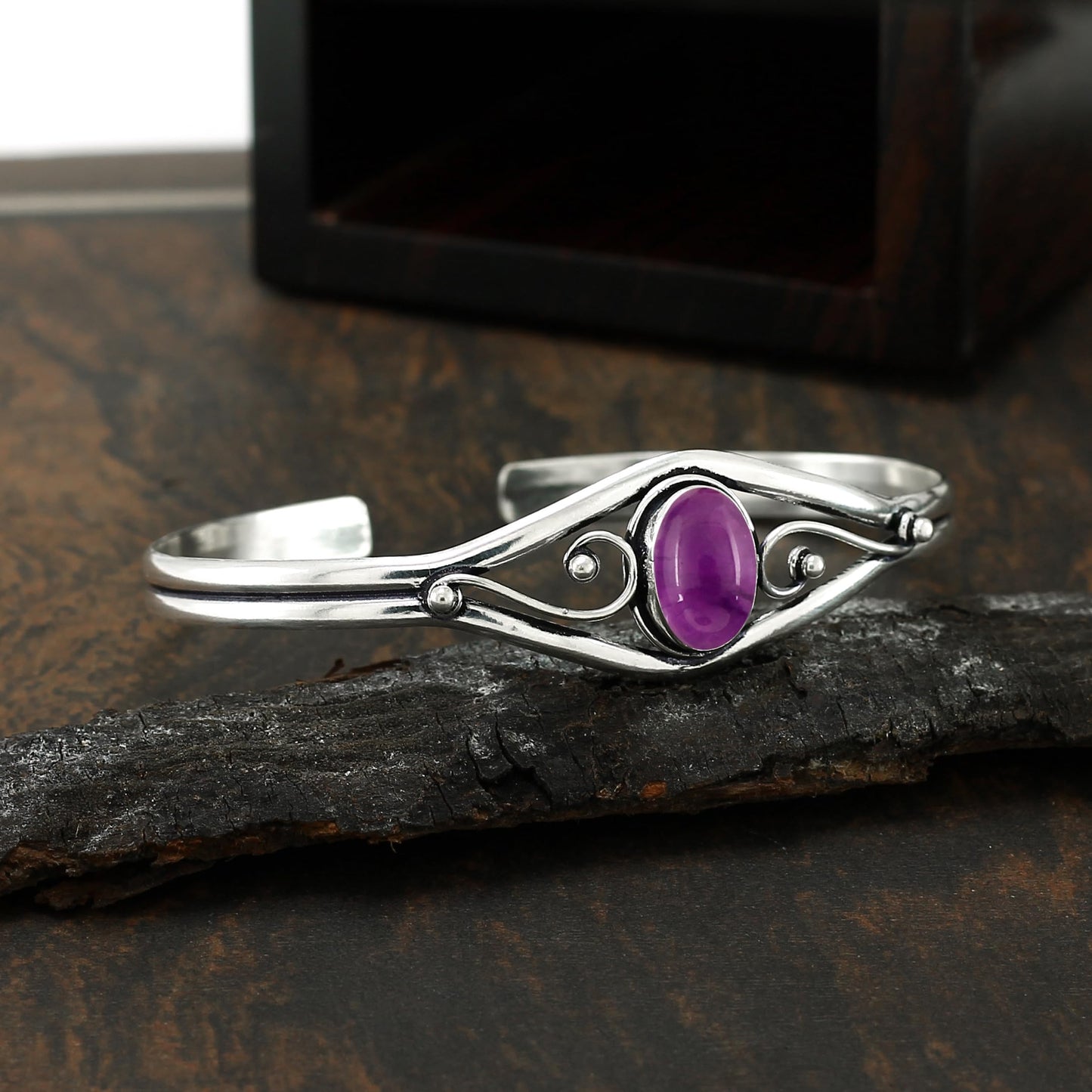 925 Silver Plated Natural Amethyst Cuff Bangle Bracelet for Women – Handmade Open Bangle – Purple Gemstone February Birthstone Statement Jewelry – Gift for Her