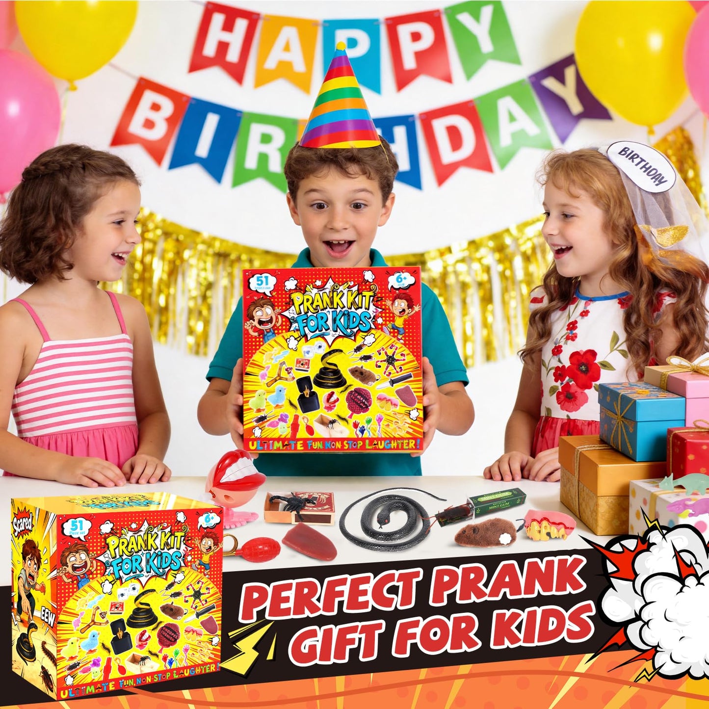 ZESKUU 51PCS Prank Kit for Kids - Ultimate Practical Joke Toys Set - Prank Stuff for April Fools Day, Halloween, Christmas - Funny Gag Gifts Pack Box for Kids