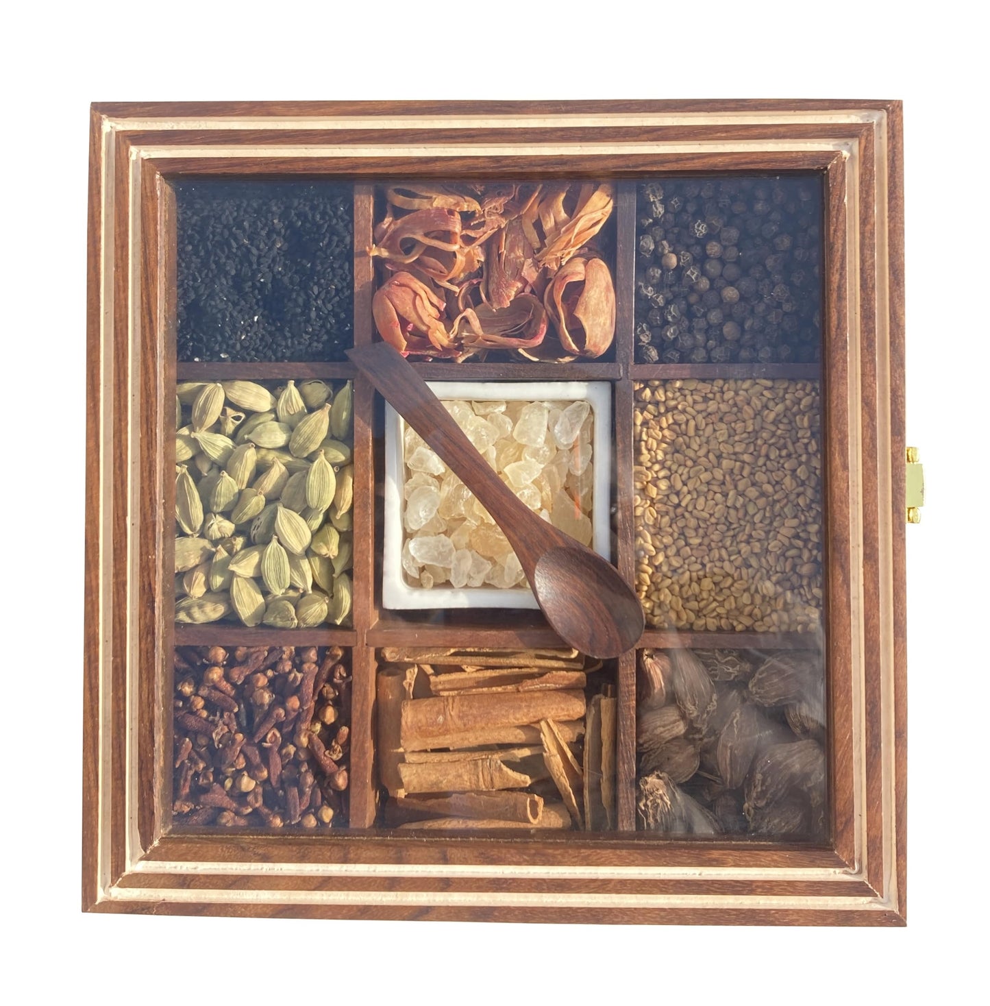 AB Handicrafts Premium Wooden Spice Box with Glass Lid β 9 Compartment Masala Organizer for Kitchen Countertop Storage