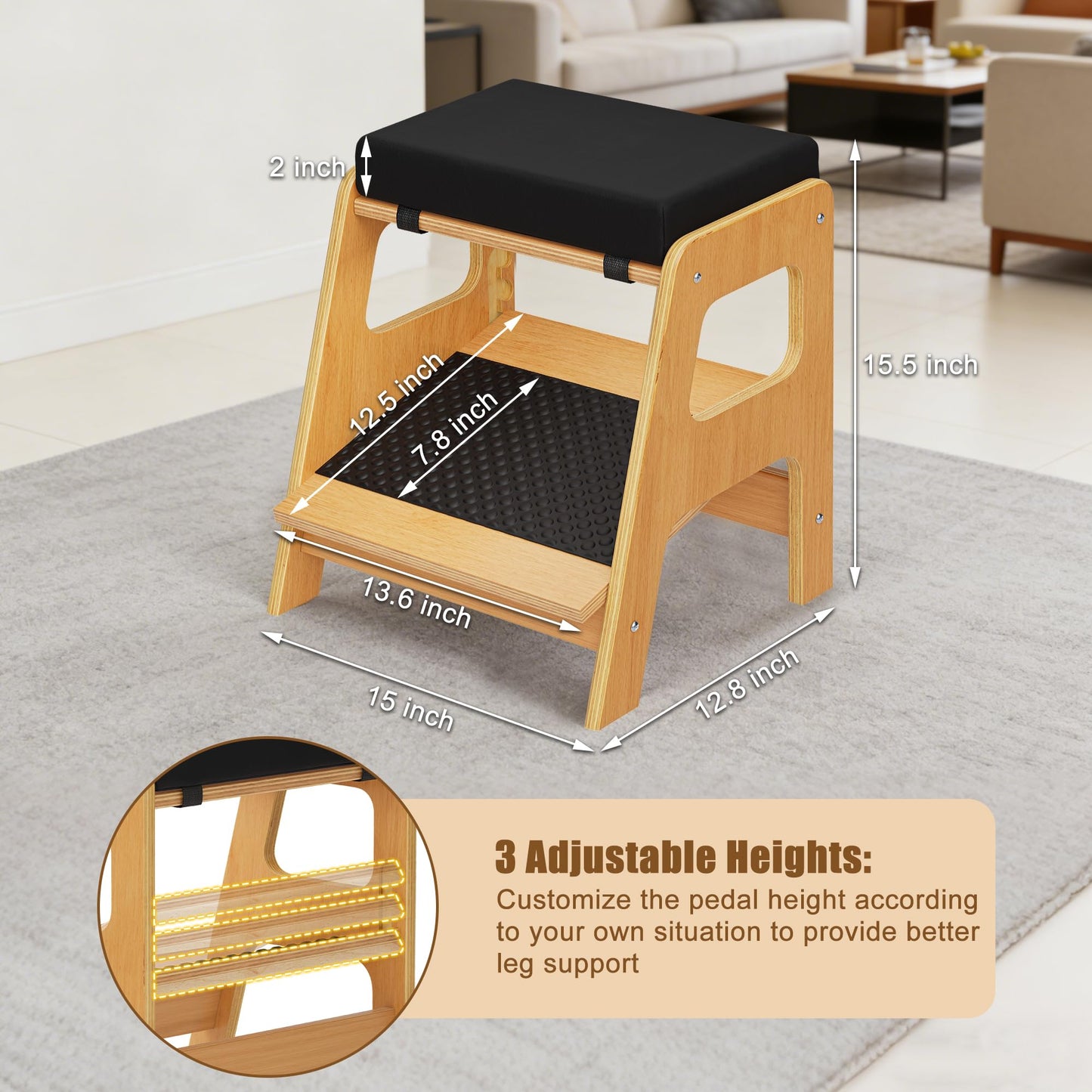 WWMFS Adjustable Wooden Foot Rest, Double Step Footstool with 3 Height Levels, Cushioned Top & Non-Slip Base, Ergonomic Under Desk Leg Rest for Office Home
