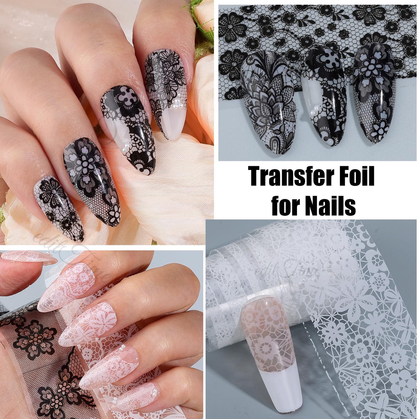 Lace Nail Foil Transfer Sheets, 15 Rolls Black White Flower Nail Art Transfer Foils Decals, Flower Nail Art Foils Decals Holographic Foils for Nails Manicure DIY Nails Decoration (10White+5Black)