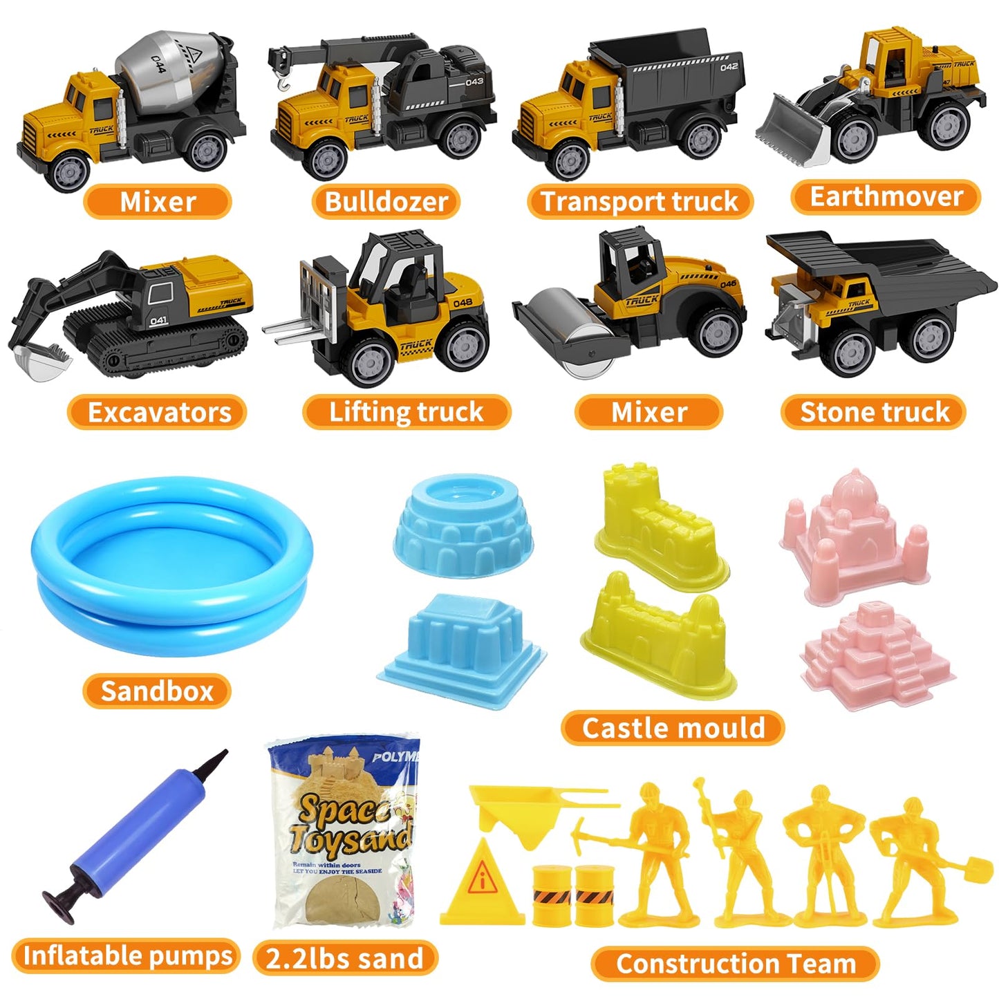 Play Construction Sand Kit,2.2lbs Magic Sand,8 Alloy Construction Vehicles,1 Inflatable Sandbox,8 Worker Figures and Road Signs,6 Castle Molds,1 Storage Box, Sensory Toys for Kids Ages 3+