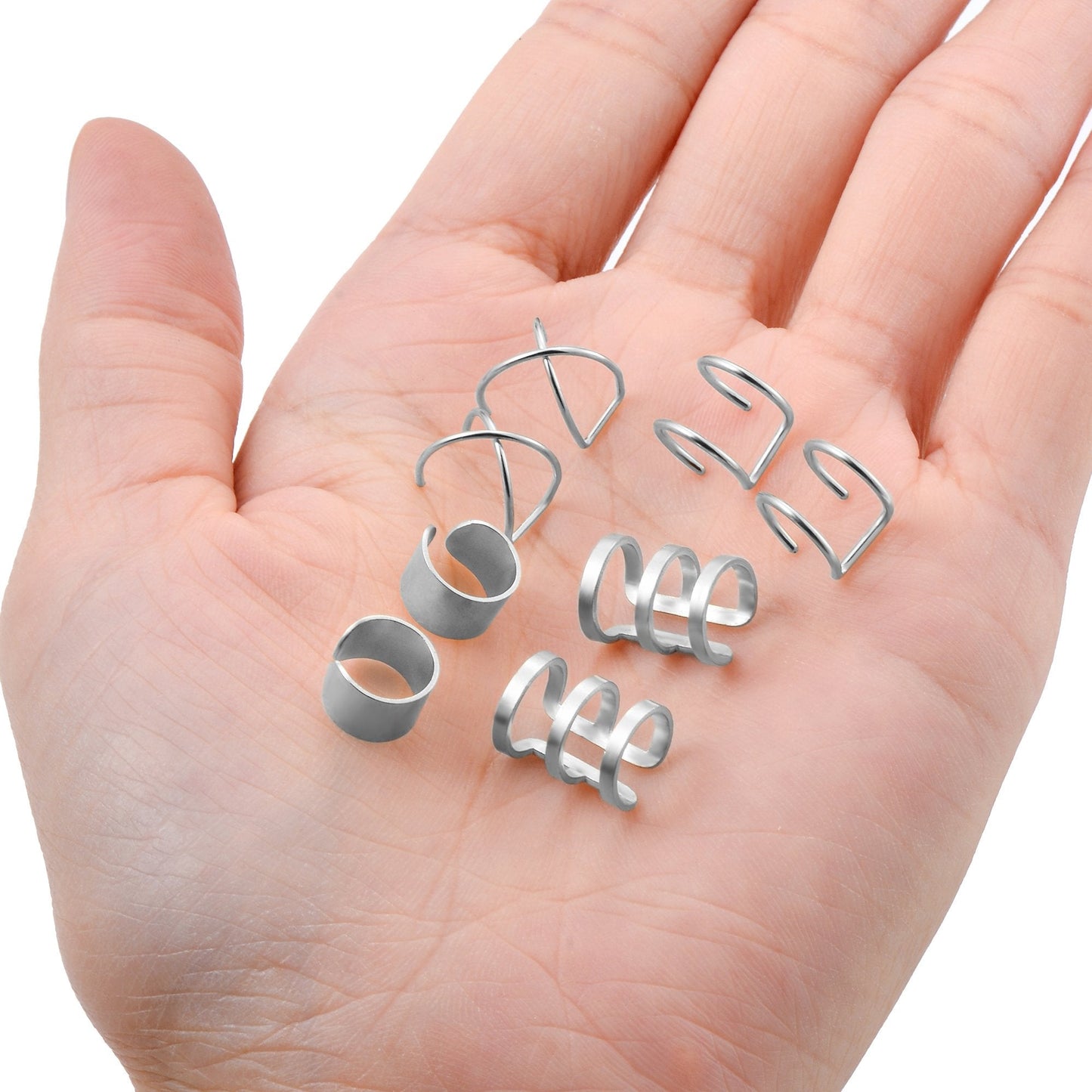Tornito 4-10 Pairs Stainless Steel Ear Cuff Helix Cartilage Clip On Wrap Earrings Fake Nose Ring Non-Piercing Adjustable (F1:10 Pairs, Silver&Black Tone)