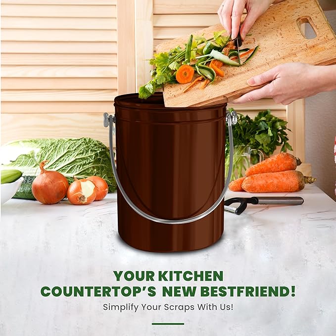 Utopia Kitchen Compost Bin for Kitchen Countertop, 1.3 Gallon Compost Bin for Kitchen with Lid, Includes 1 Spare Charcoal Filter (Copper)