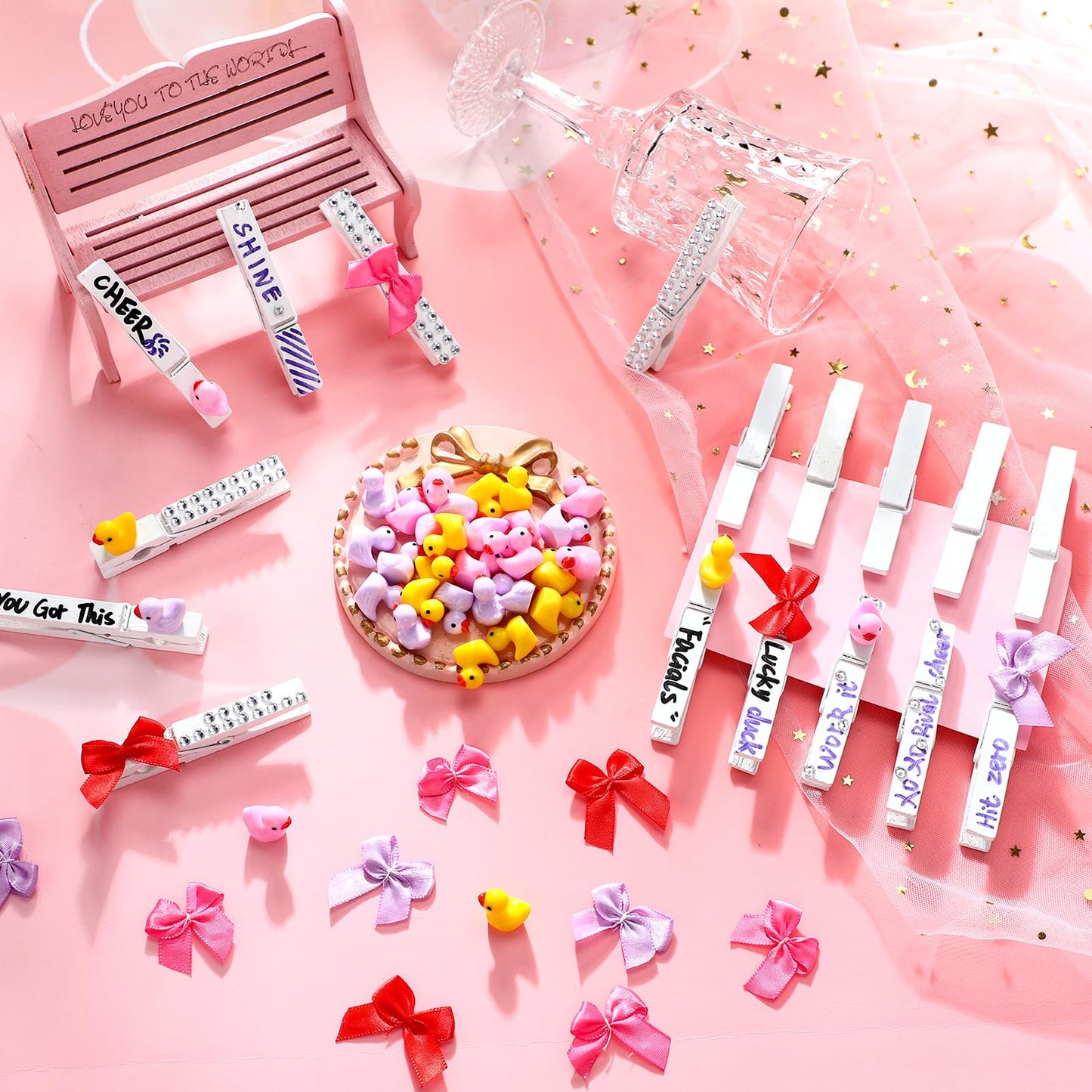 Dingion 60 Set Cheer Pins Spirit Clips Include 60 Wooden Clothes Pin Resin Ducks Bows Self Adhesive Glitter Sticker Pen Glue Ribbon for DIY Cheer Accessory Schoolbag Decor Team Craft Gift(White)