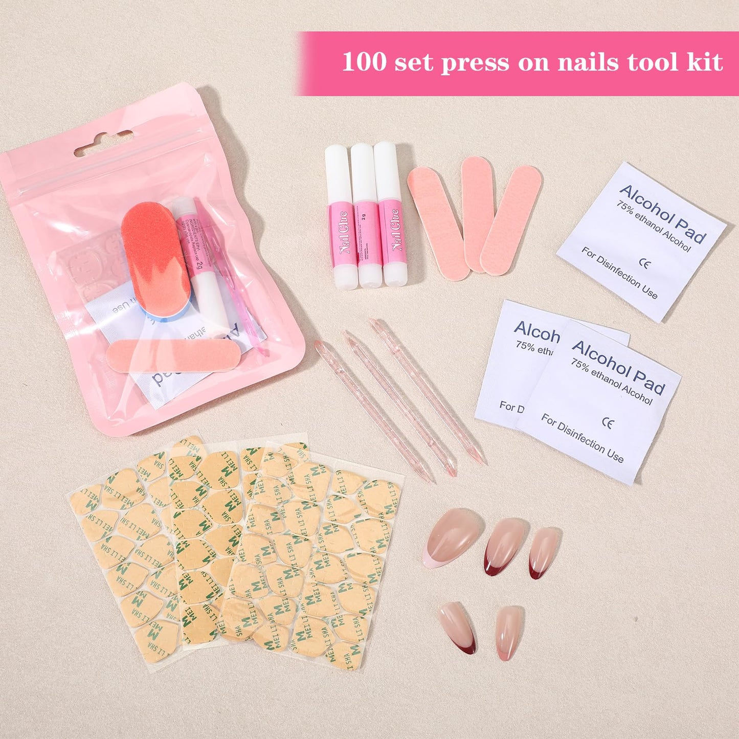 100 Set Press on Nail Kit for Salon Business, Disposable Nail Prep Kit with File Buffer Glue Prep Pad Adhesive Tabs Wood Stick, Press on Nail Kit with Everything in Holographic Bag