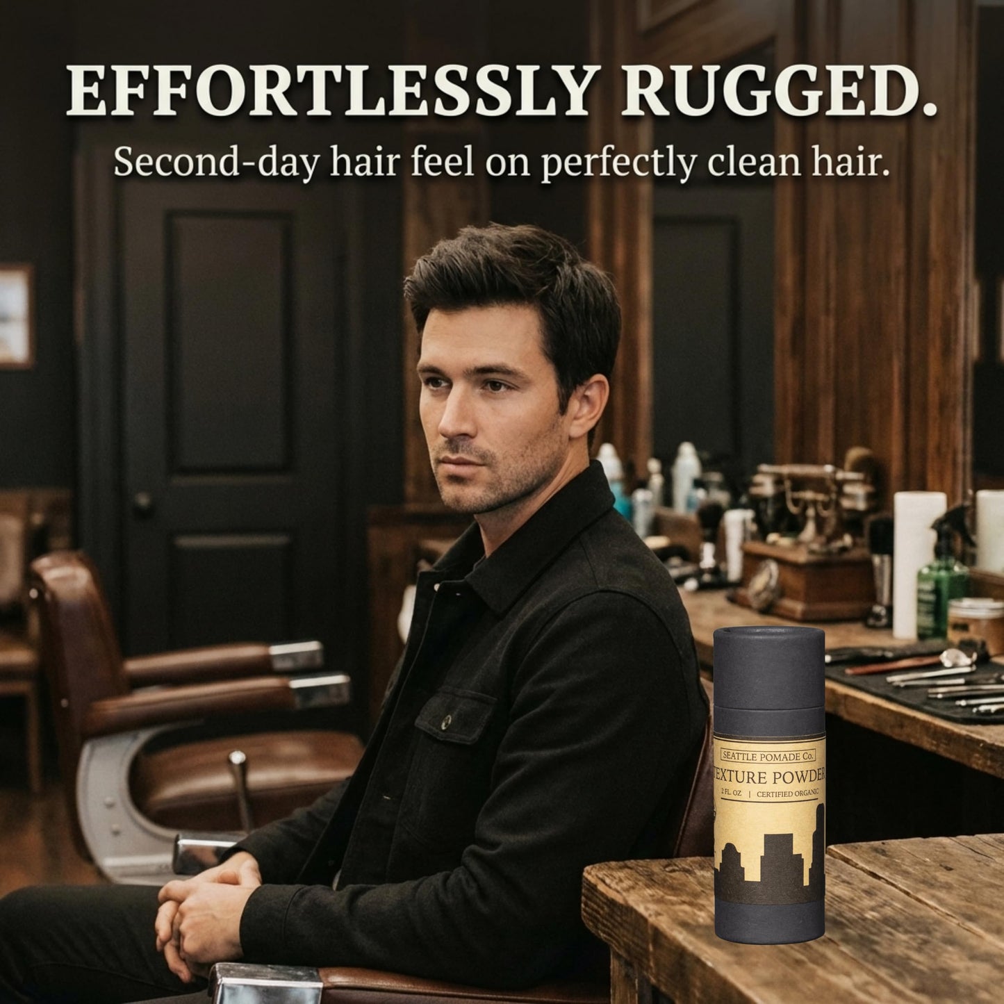 Seattle Pomade Co. Organic Based Texture Powder for Men. Creates Volume and Lift with organic materials. Fragrance Free. Globally sourced certified organic materials. Natural Hair Powder 2 oz NON-GMO