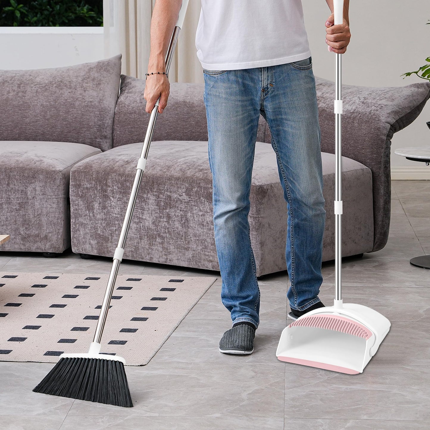 Broom with Dustpan Combo Set for Home 52-in Long Adjustable Handle Angle Broom and Dustpan Set with Dustpan Comb Teeth for Sweeping Pet Hair Food Dirt Kitchen