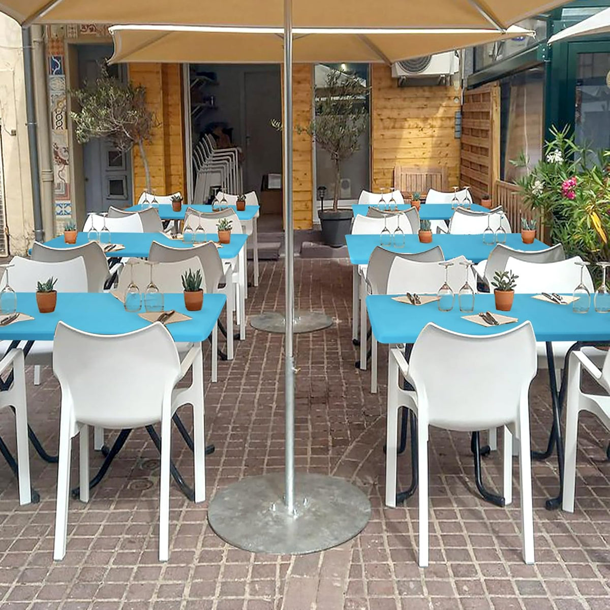 Fitted Tablecloth for 8 Foot Rectangle-6 Pack Light Blue Elastic Outdoor Picnic Table Cover-Spandex Stretch Folding Table Cloths 8ft for Camping Dining Room Patio Kitchen Banquet Party