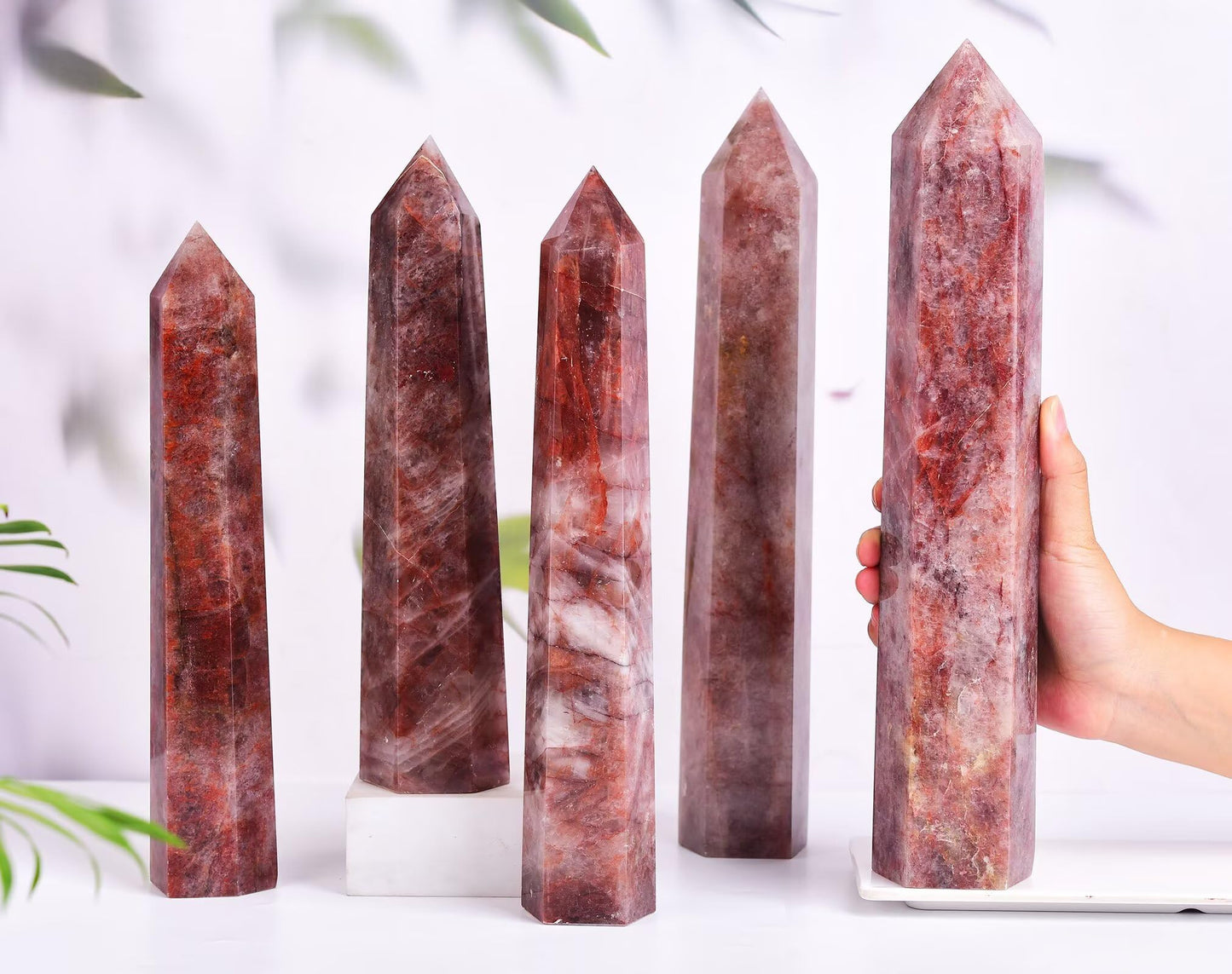 AMOYSTONE Large Red Hematoid Quartz Stone Wand Healing Crystal Obelisk Tower 6 Faceted Column Reiki Chakra Meditation Therapy 2.2-2.6 LBS