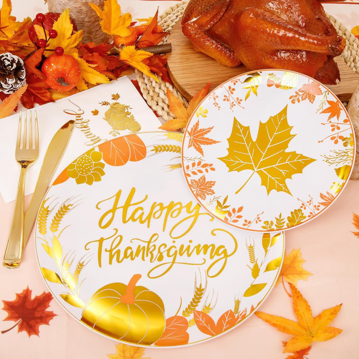 GATHER 176 Pieces Thanksgiving Plates- Disposable Gold Plastic Silverware- Thanksgiving Dinnerware with Maple Leaves Include 50 Plates 75Plastic Silverware 25Cups 25 Napkins and 1 Tablecloth
