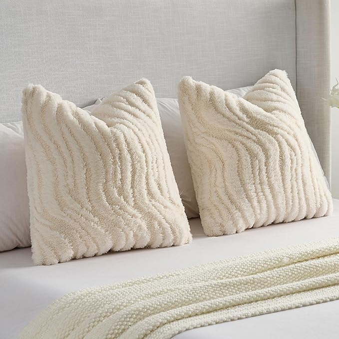 FUTEI Cream Decorative Throw Pillow Covers 26x26 Inch Set of 2,Soft Faux Fur Geometric Shapes Texture Euro Pillow Shams,Boho Home Decor for Couch Bed Living Room