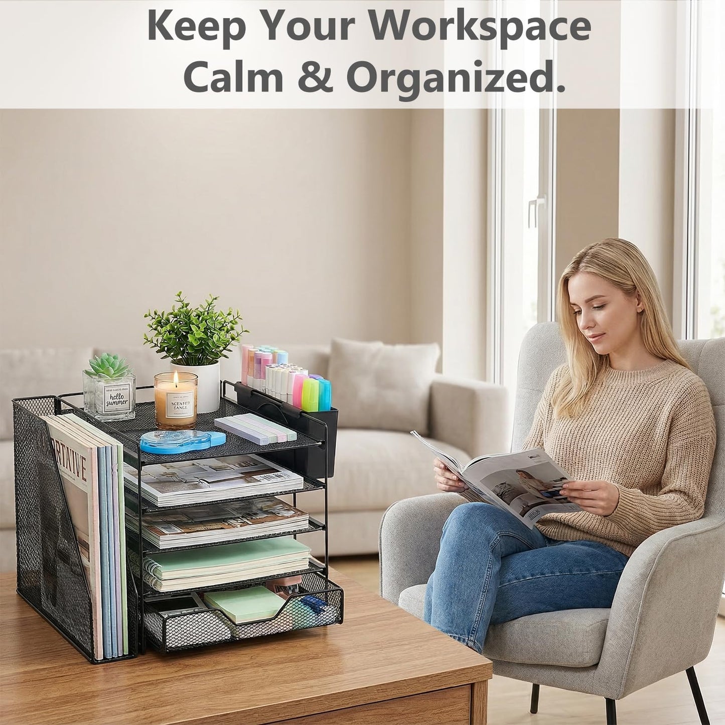 Gugsey Desk Organizer, 5-Tier Paper Letter Tray Organizer with File Holder, Drawer and Pen Holder, Desktop Organizer for Office Supplies, Black
