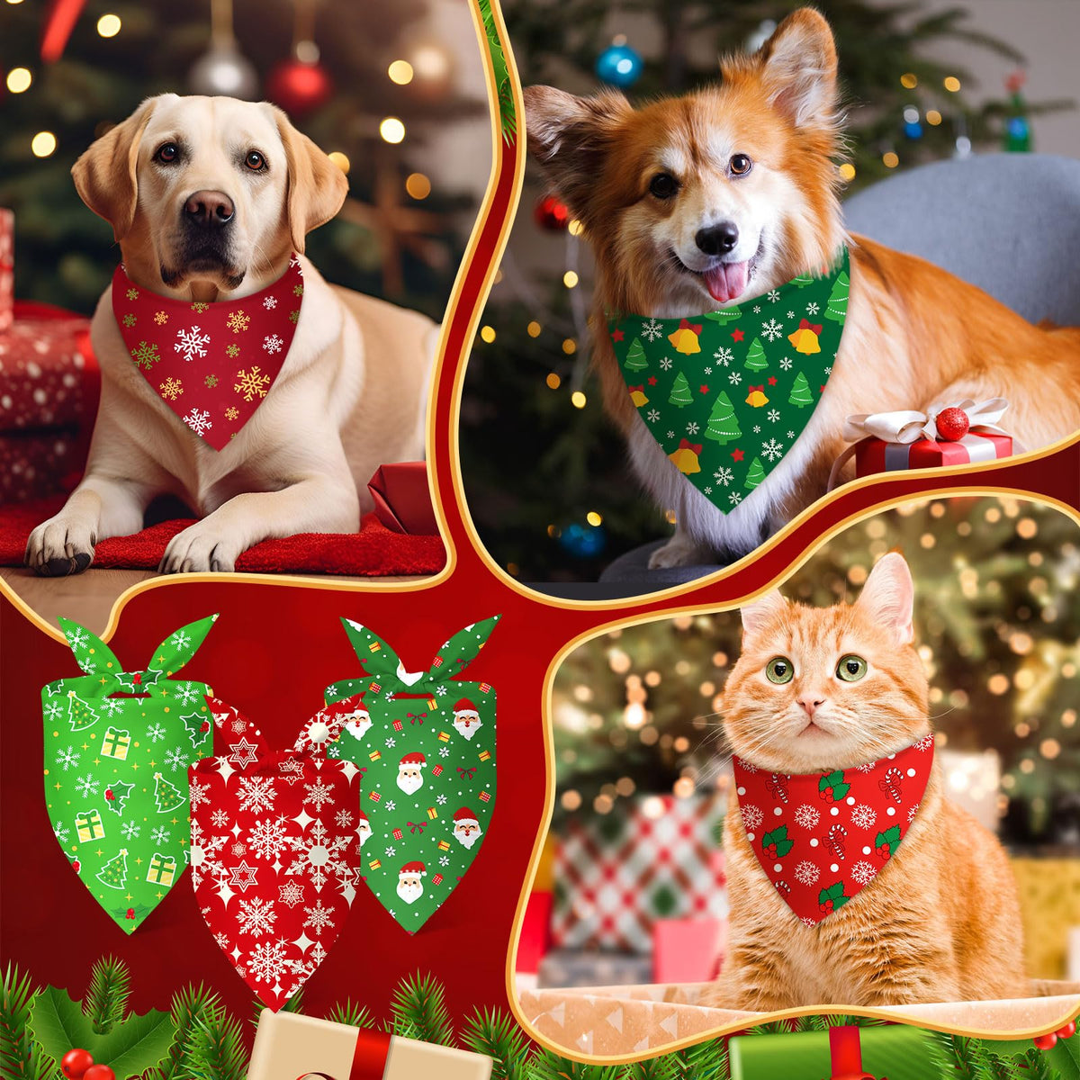 Jeere 200 Pcs Christmas Dog Bandanas Bulk Red Green Santa Snowflake Pattern