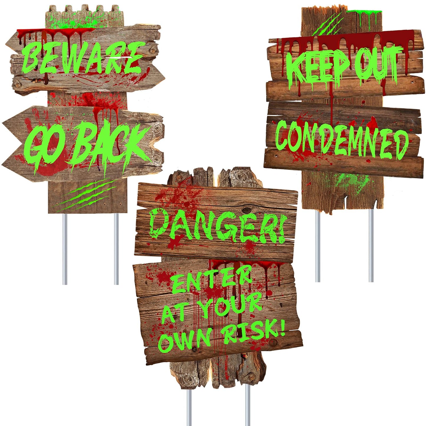 Halloween Decorations Beware Signs Yard Stakes Outdoor Creepy Assorted Warning Sign,Scary Zombie Theme Party Decor Supplies,3 Pieces