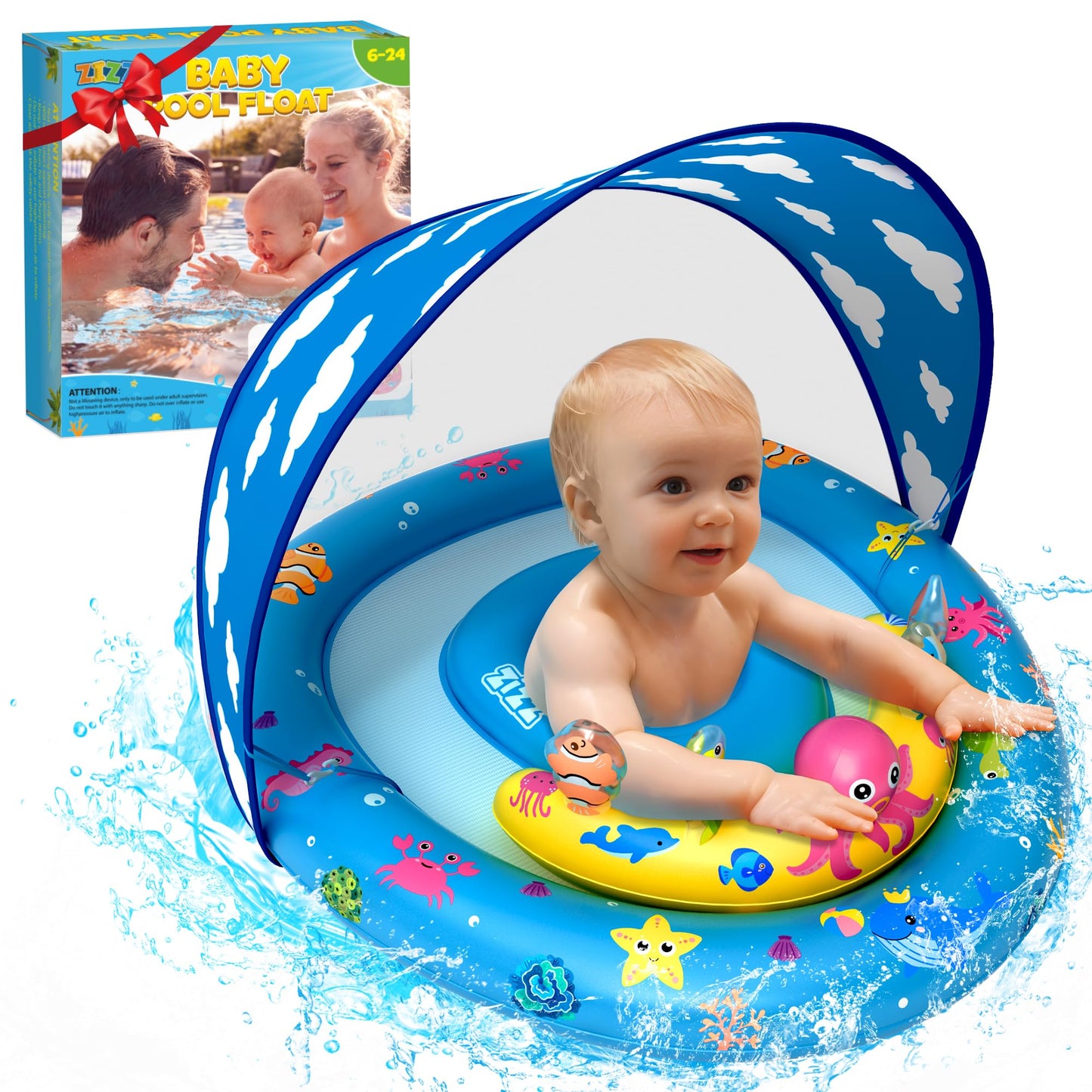 ZIZZ Baby Pool Float with Canopy - Inflatable Baby Swimming Float with UPF50+Sun Protection, Infant Pool Float with Toy Play Console Adjustable Seat for Boys Girls Toddler 6-36 Months
