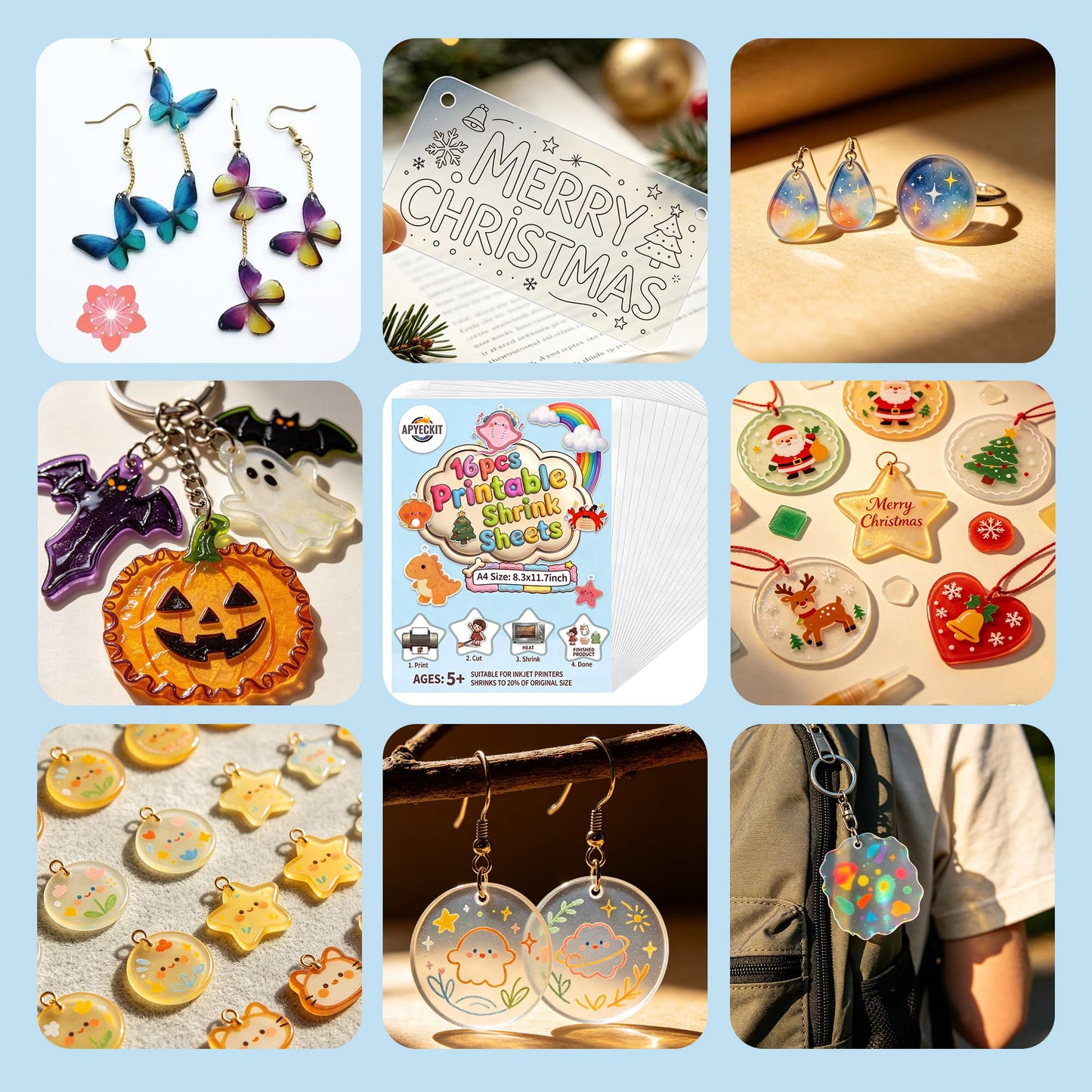 APYECKIT 16Pcs Printable Shrinky Dink Sheets,A4 Printable Shrink Paper for Inkjet Printer, Shrink Dink Sheets for DIY Art Keychain Making Kits for Mother's Day, Father's Day Gifts