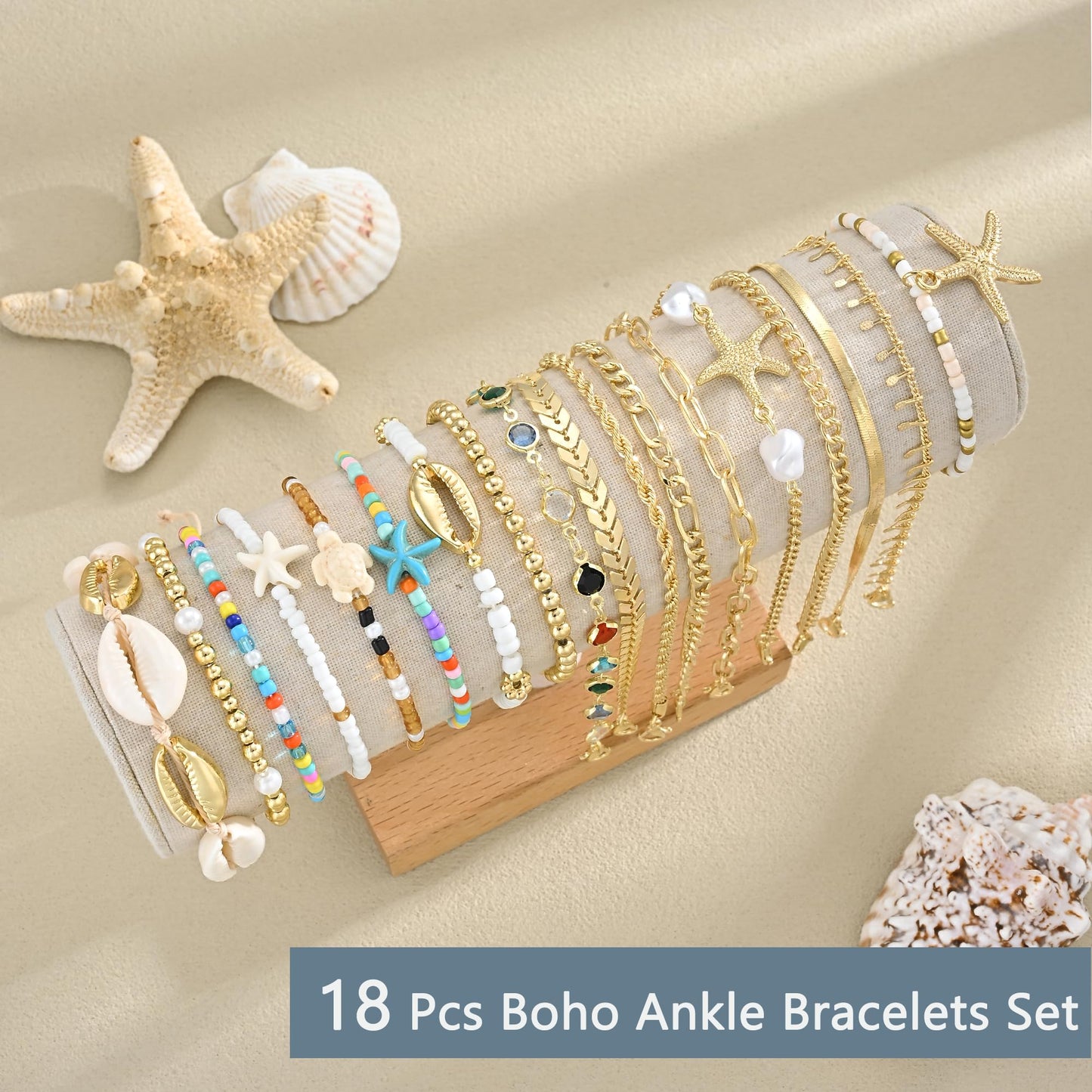 17KM 18PCS Gold Ankle Bracelets for Women, Boho Shell Bead Cuban Link Chain Waterproof Gold Anklets Set, Adjustable Layered Anklets for Women Beach Jewelry Gift