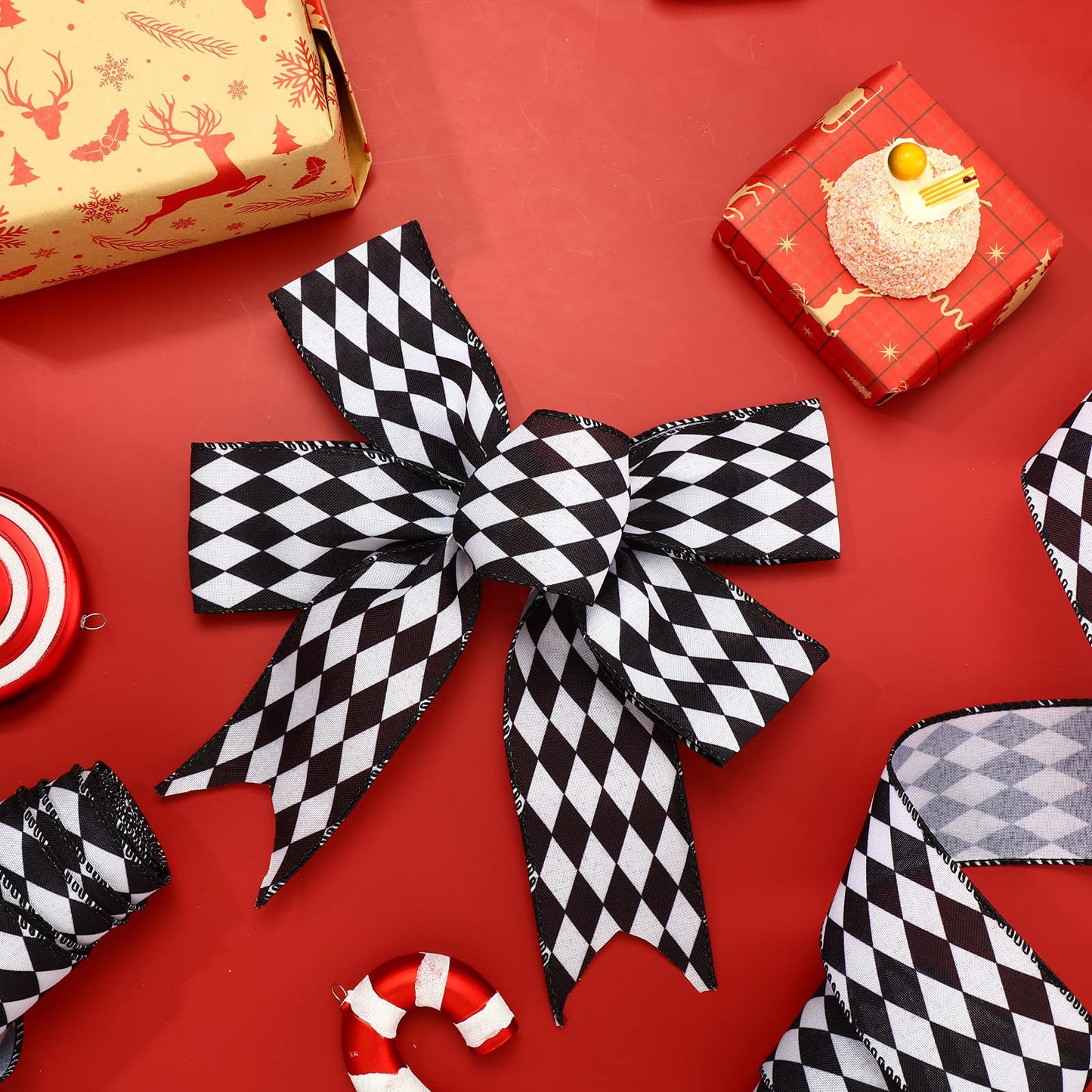 Luinabio 3 Rolls 30 Yard 2.5 Inch Christmas Black White Harlequin Ribbon Checkered Wired Ribbon Decorative for Xmas Fall Tree Wrapping Wreath Bouquet Crafts (Classic Style)