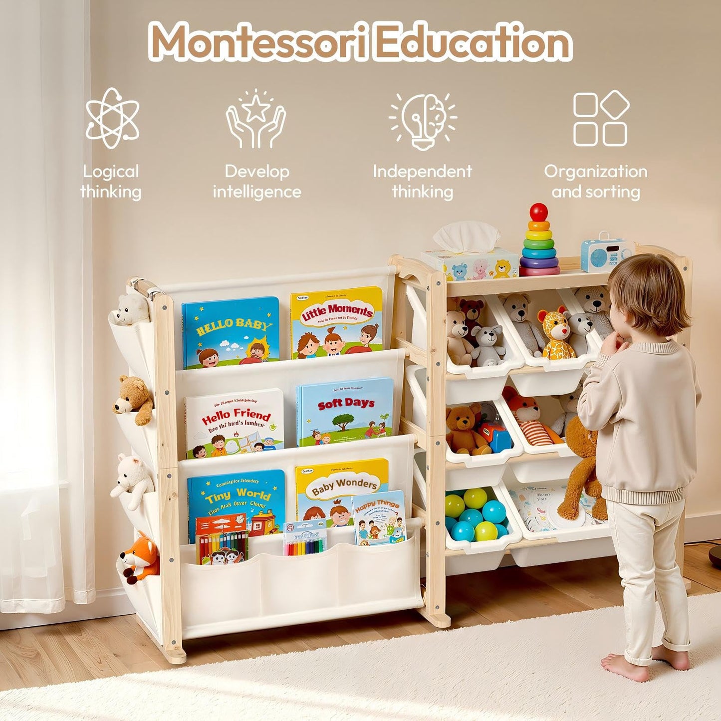 Fodoss Book Shelf for Kids Rooms - Toy Storage Organizer with Bookshelf, Solid Wood Kids Bookshelf with 7 Bins, Side Storage Pockets, Large Toy Organization for Nursery, Natural Pine
