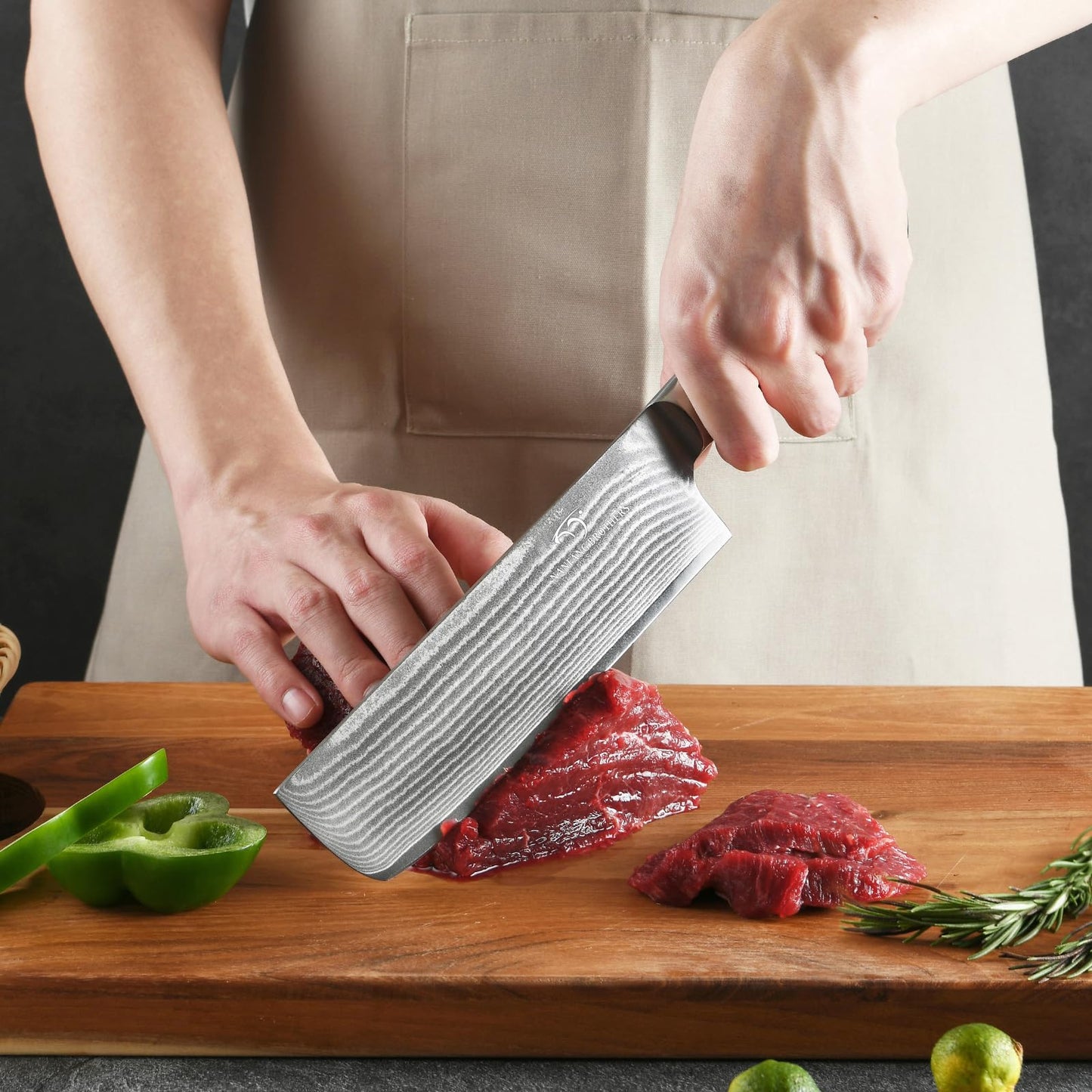 Damascus Nakiri Knife, 7 Inch Professional Kitchen Knife with Non-slip Wood Ergonomic Handle, Japanese 10Cr15CoMoV, All Purpose Chef Knife Meat Cleaver Vegetables Chopping, Razor Sharp Lightweight