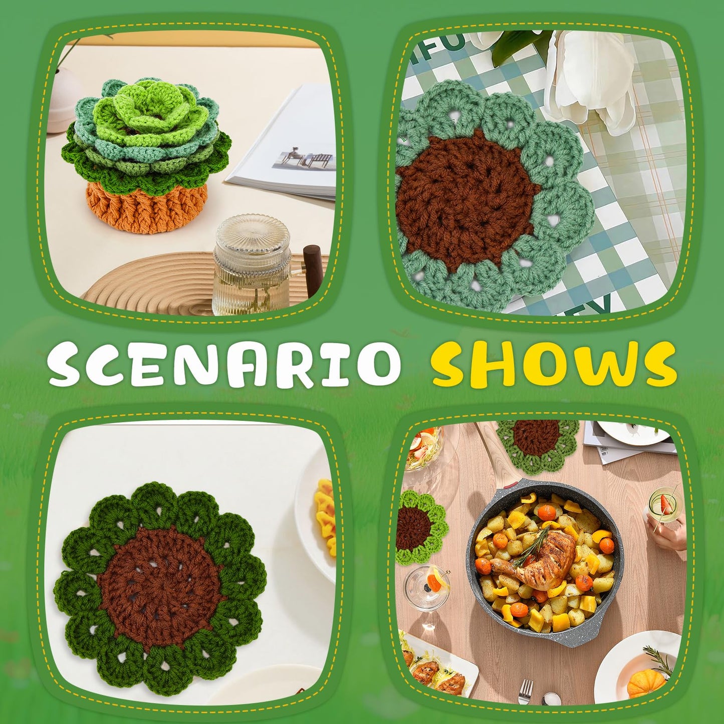 LUNARM Crochet Kit for Beginners, Crochet Start Kit Green Plant Coasters with Step-by-Step Video Tutorials, Easy-to-Learn Knitting with Hook and Yarn, Beginner-Friendly