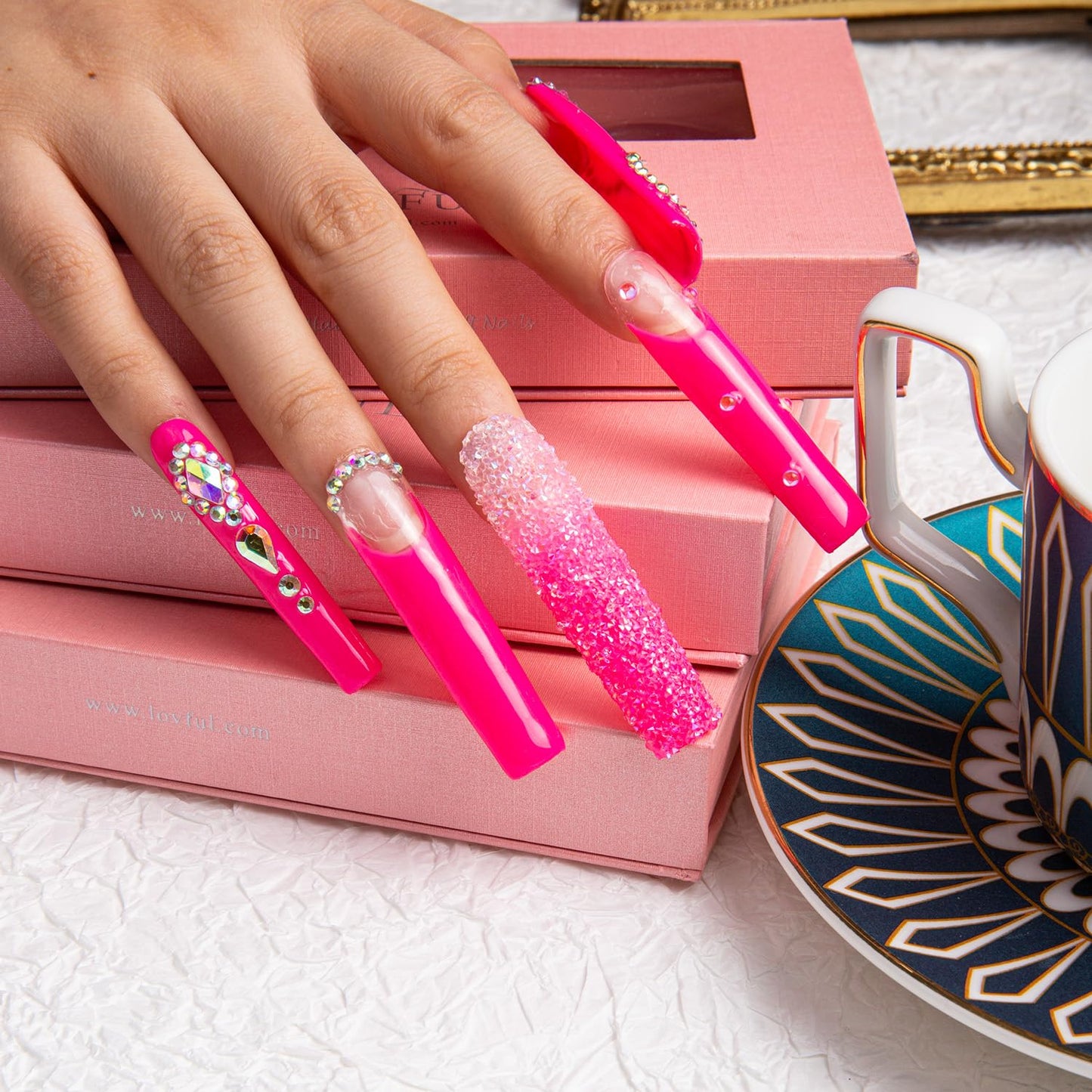 LOVFUL Press on Nails Pink Typhoon Square | Glitter Pink Fake Nails | Princess Nails | Stick on Nails | Square Long 2.2 in | H38 (M)