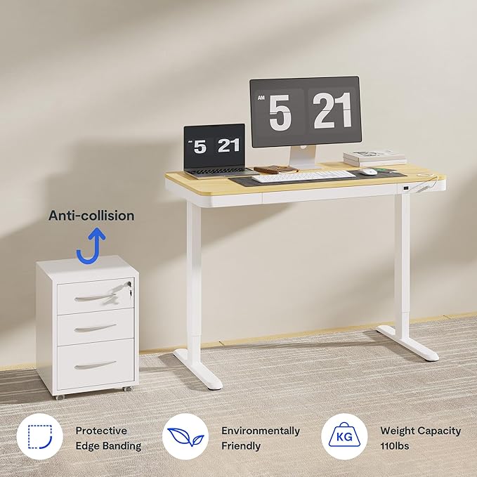 FLEXISPOT Comhar Electric Standing Desk with Drawers Charging USB Port, Height Adjustable 48" Whole-Piece Quick Install Home Office Computer Laptop Table with Storage (Maple Top + White Frame)