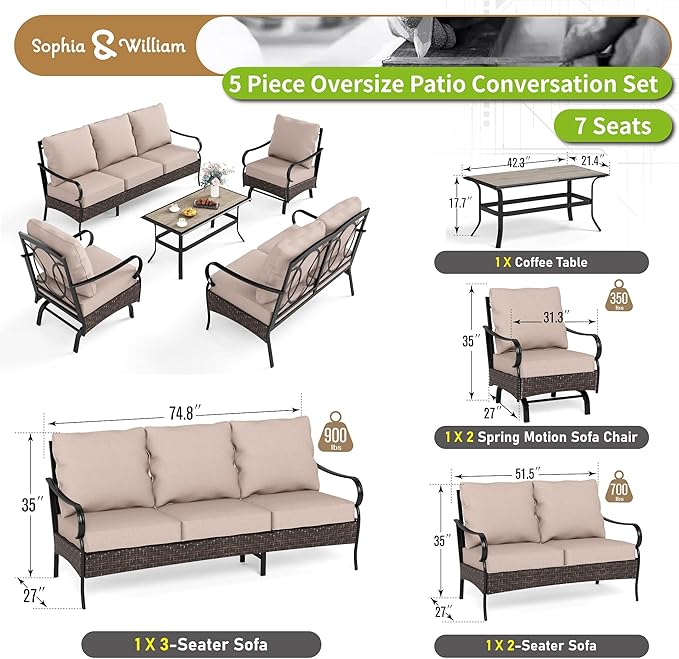 Sophia & William Patio Furniture Set, Outdoor Metal Conversation Set 7 Seats with 3-Seater Sofa, 2 Motion Chairs, 1 Loveseat, 1 Coffee Table for Seating, Lawn Porch Backyard,Beige