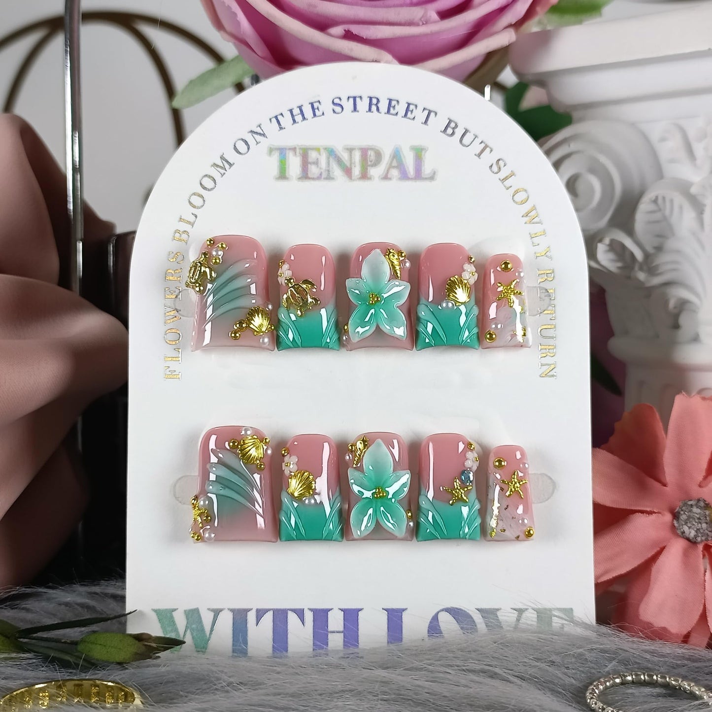 TENPAL Duckbill Press on Nails - Ocean 3D Floral Teal Blushing Ombre Design | Icy Glossy Duck Fake Nails with Handmade Carving | Mermaid Y2K Style Glue on Nails for Resort Vacation(M)