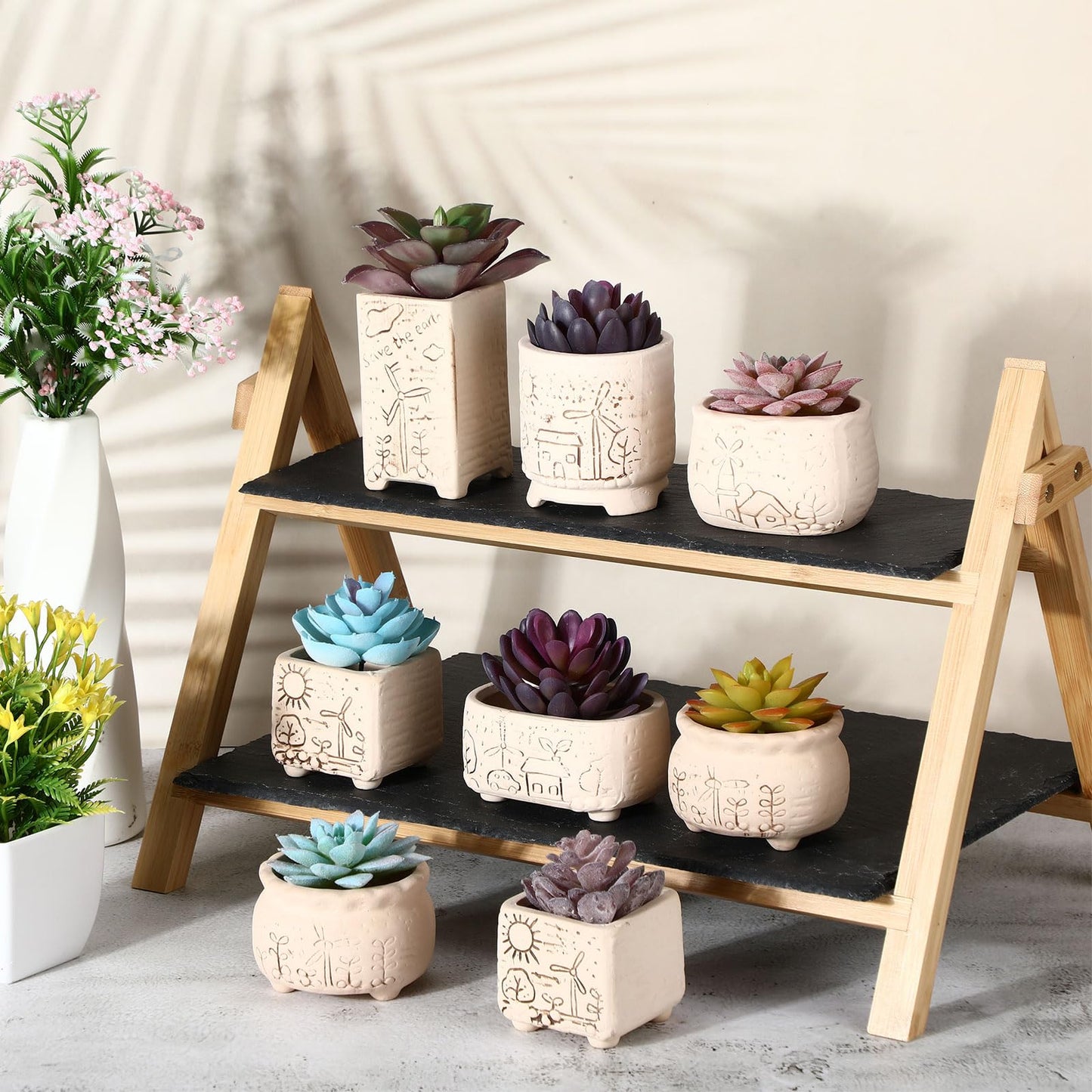Hushee 12 Pcs Ceramic Succulent Planters White Ceramic Pots Paintable Succulent Plant Planters Containers Small DIY Figurines Unpainted Pots with Drainage Hole Paintbrushes Palettes(Windmill)