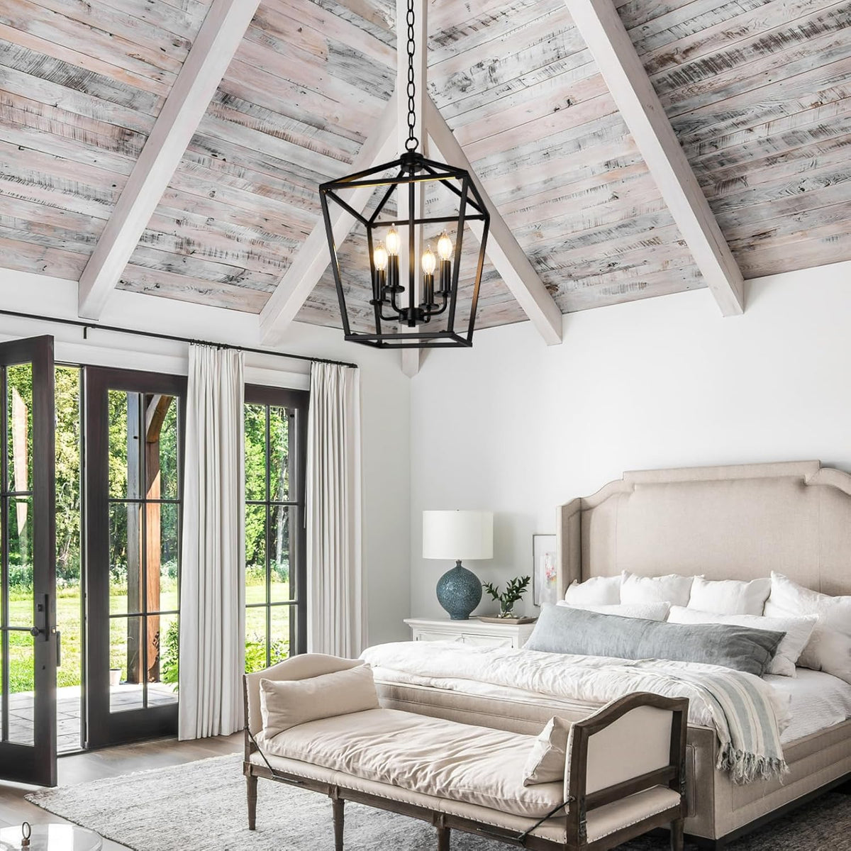 Farmhouse Chandelier 4-Light, Black Pendant Light Fixture for Kitchen Island Dining Room, Lantern Industrial Lighting Ceiling Hanging with Metal Cage Adjustable Height for Entryway Foyer
