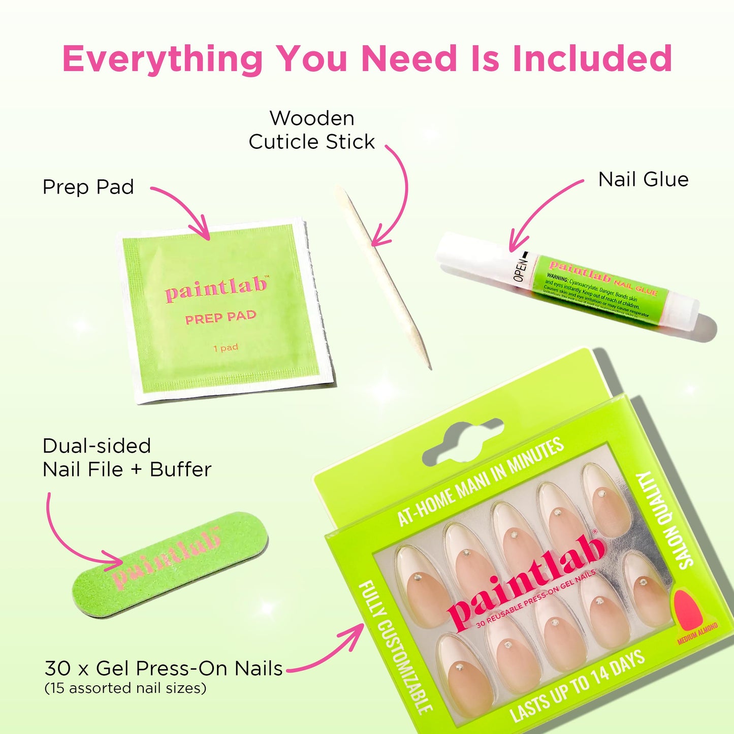 PaintLab Press On Nails - French Tip 3D Diamond Almond Fake Nails, 30 Nails in 15 Sizes with Glue, Reusable Salon Quality Press On Nails