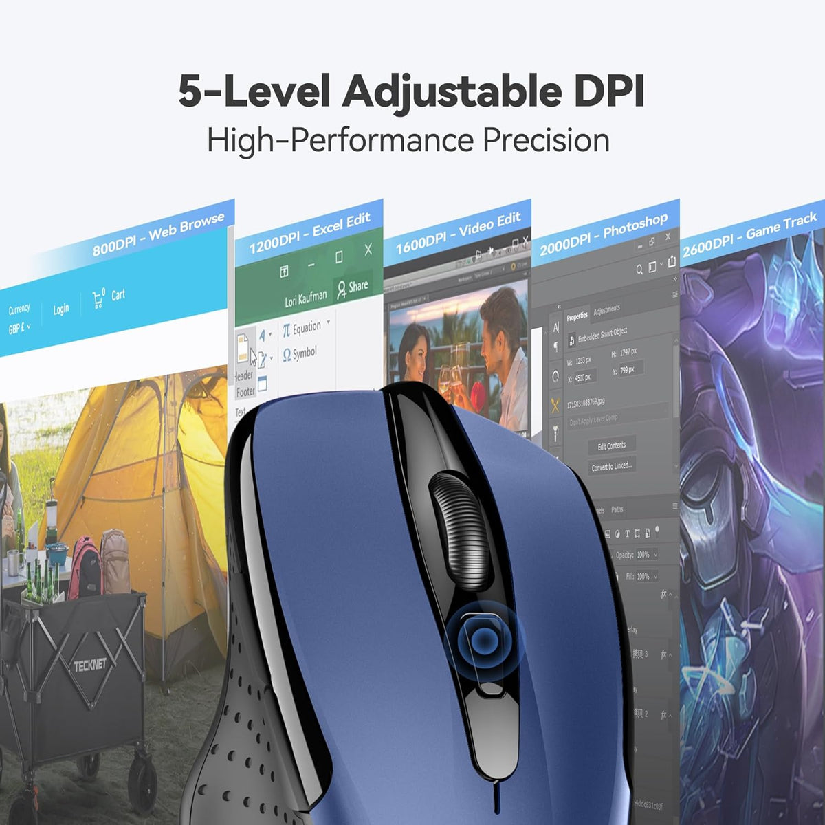 TECKNET Wireless Mouse, 2.4G Ergonomic Optical Mouse, Computer Mouse for Laptop, PC, Computer, Chromebook, Notebook, 6 Buttons, 24 Months Battery Life, 2600 DPI, 5 Adjustment Levels