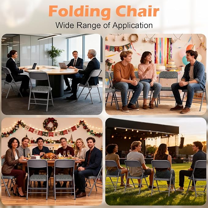 Commercial Grade Folding Chair with Padded Fabric Cushion(16"X16" |Double-hinged Legs Luxury Style|4.5kg Capacity Max Weight 150Kg for Home and Office,Indoor and Outdoor Events (2, Fabric-Grey)