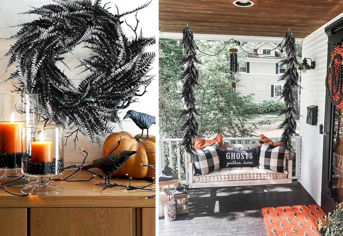 RECUTMS 2pcs Black Garland Artificial Boston Ferns 6 FT Faux Hanging Greenery UV Resistant Halloween Decor