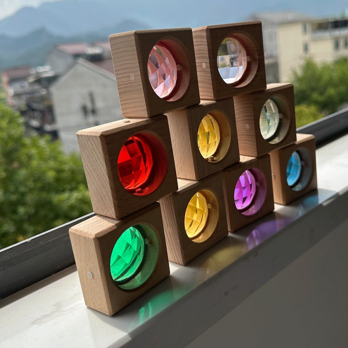 KOAICS 16PCS Acrylic Wooden Gem Blocks, Sparkling Acrylic Colorful StackingToys, Open Ended Play Montessori Educational Toys (16PCS Square Gem Blocks)