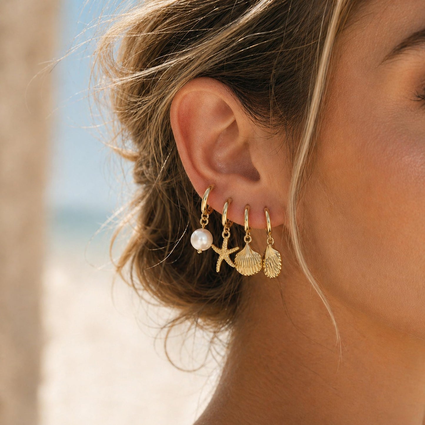 ZYIJUNY 4 Pairs Huggie Hoop Beachy Earrings Set for Women, 14K Gold Plated Ocean Elements Hoop Dangle Drop Earring - Shell/Starfish/Conch/Pearl Earrings- Minimalist Summer Beach Jewelry Gift