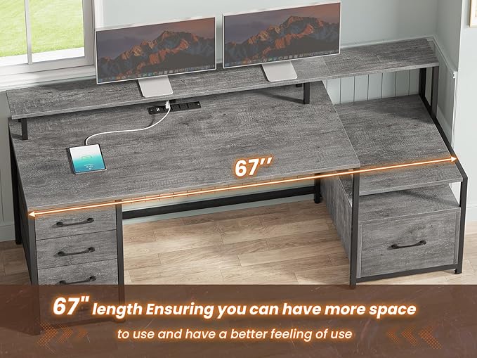 SEDETA Home Office Desk with File Drawer & Power Outlet, 66'' Computer Desk with 5 Drawer, Storage Shelves, Printer Cabinet and Monitor Shelf, Gaming Desk with Led Lights, Grey
