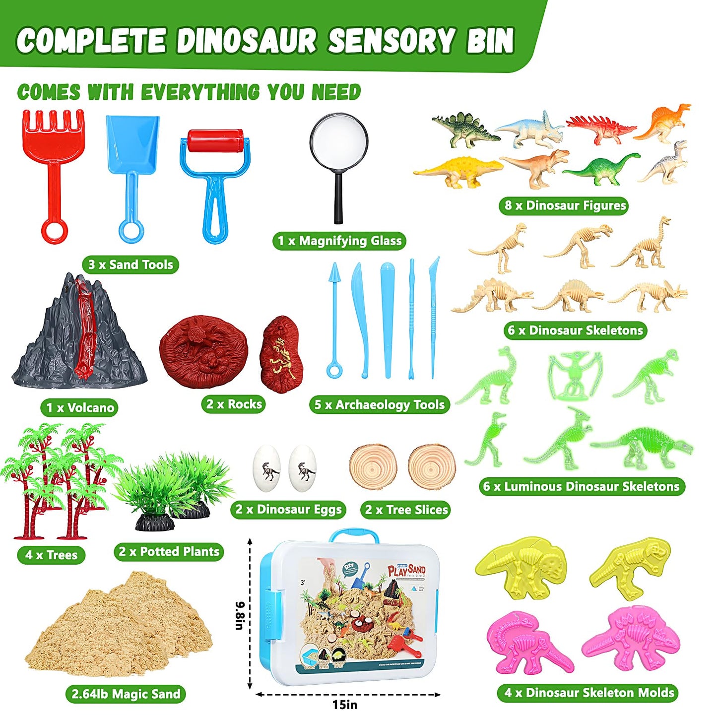 Pakimio Dinosaur Sensory Bin with Lid, 2.64lbs Magic Sand, Dino Figures, Skeletons & Archaeology Tools, Sensory Sand Kit Dinosaur Toys for Kids 3 4 5 6 7+ Year Old Boy Toddler Birthday Gift Christmas